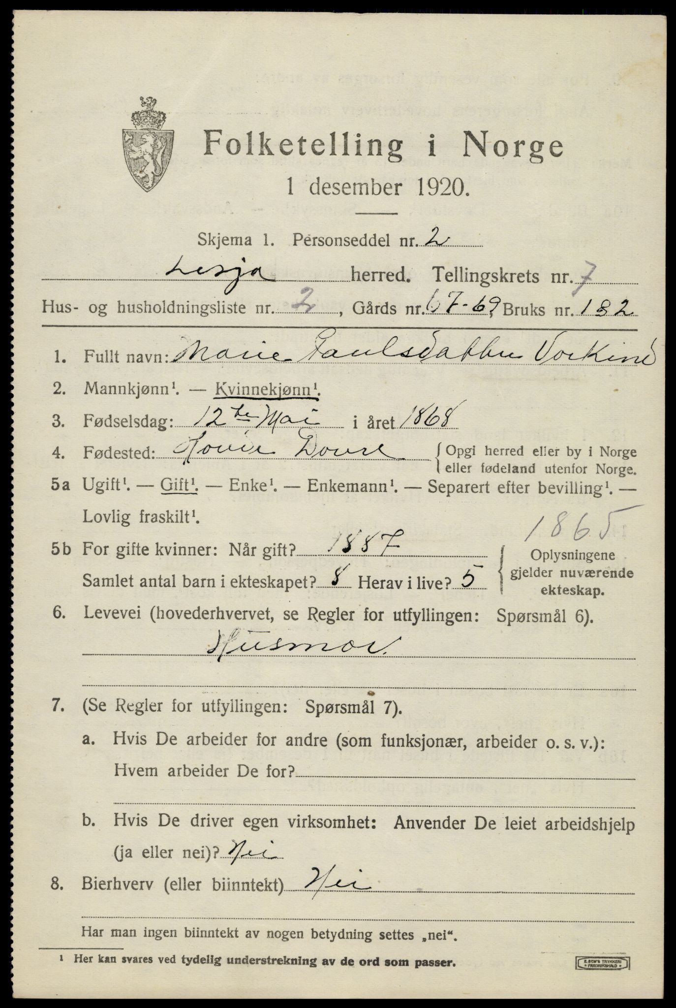 SAH, 1920 census for Lesja, 1920, p. 3916