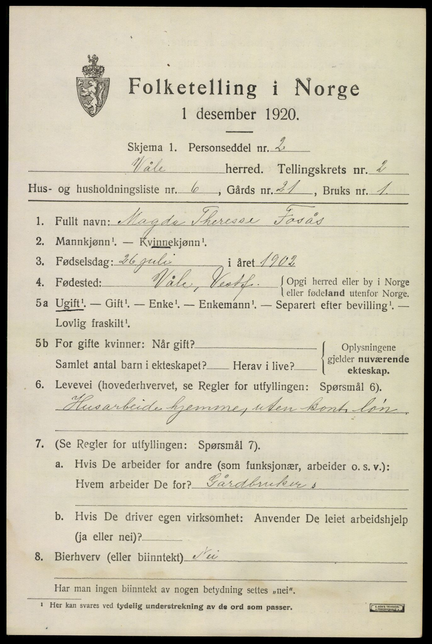 SAKO, 1920 census for Våle, 1920, p. 1960