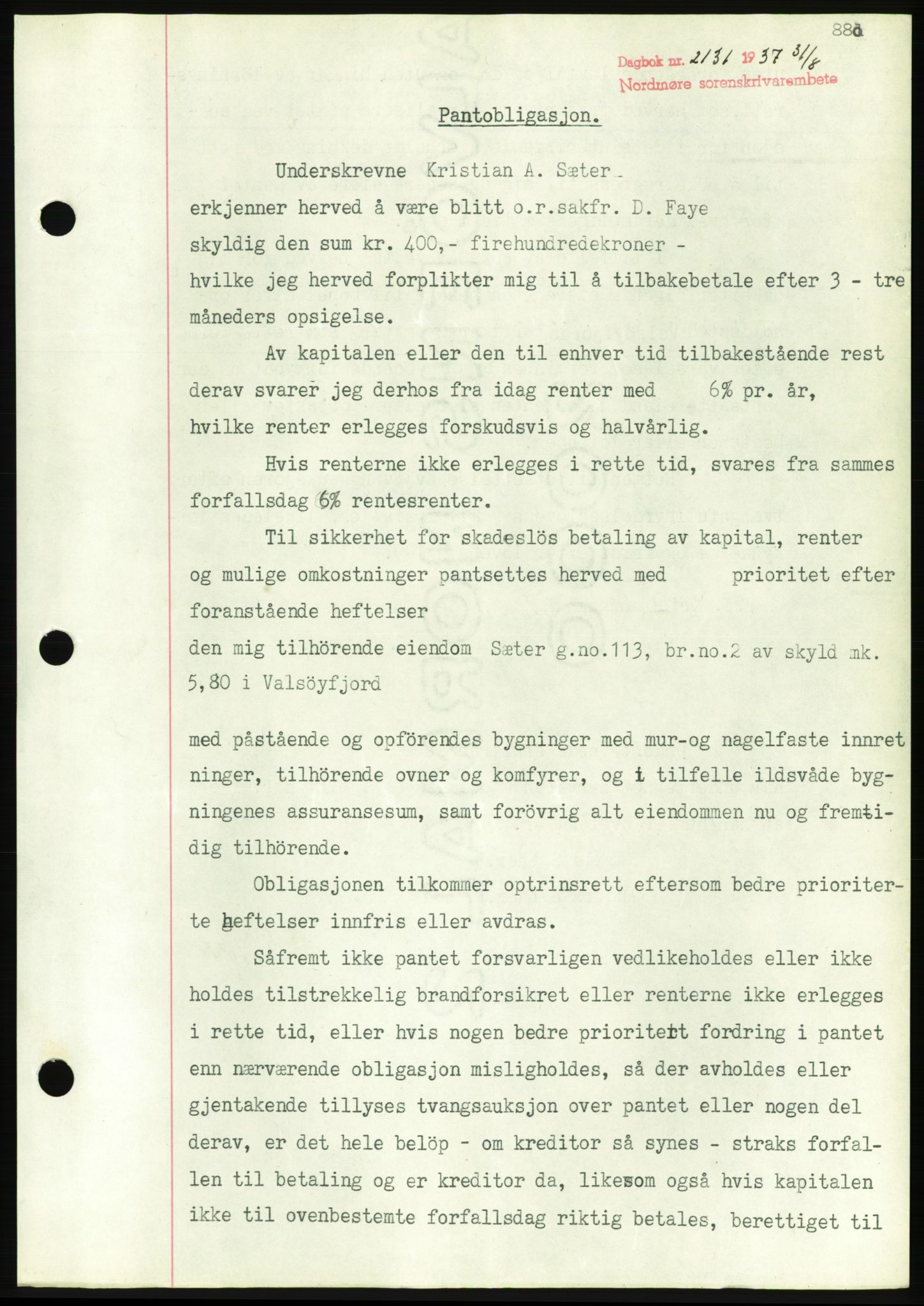 Nordmøre sorenskriveri, AV/SAT-A-4132/1/2/2Ca/L0091: Mortgage book no. B81, 1937-1937, Diary no: : 2131/1937