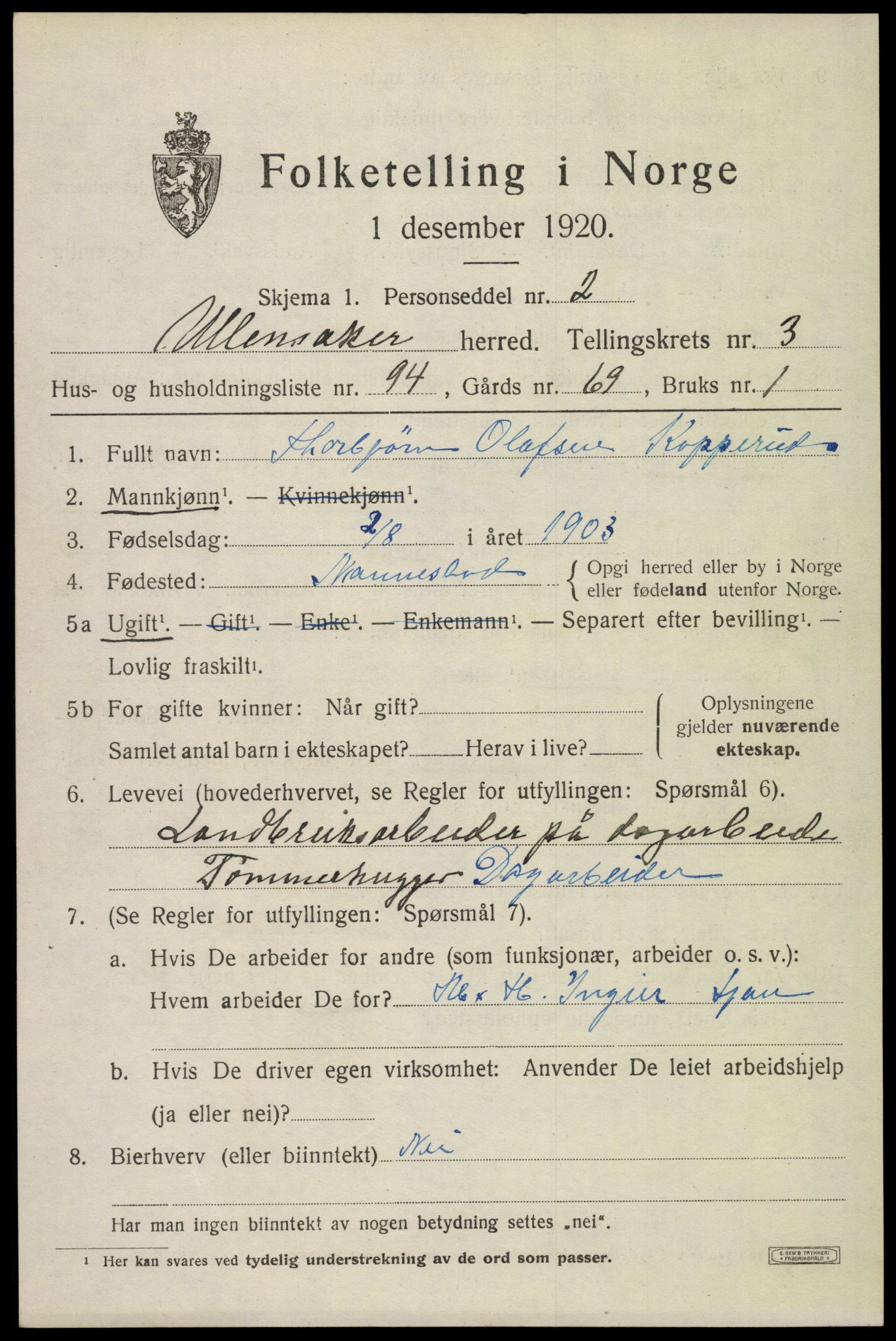 SAO, 1920 census for Ullensaker, 1920, p. 7235