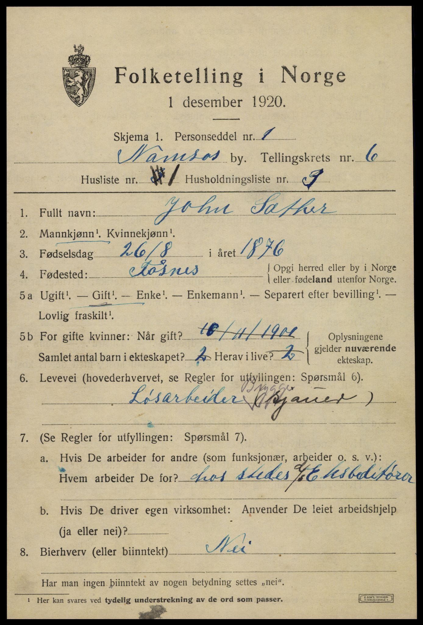 SAT, 1920 census for Namsos, 1920, p. 6339