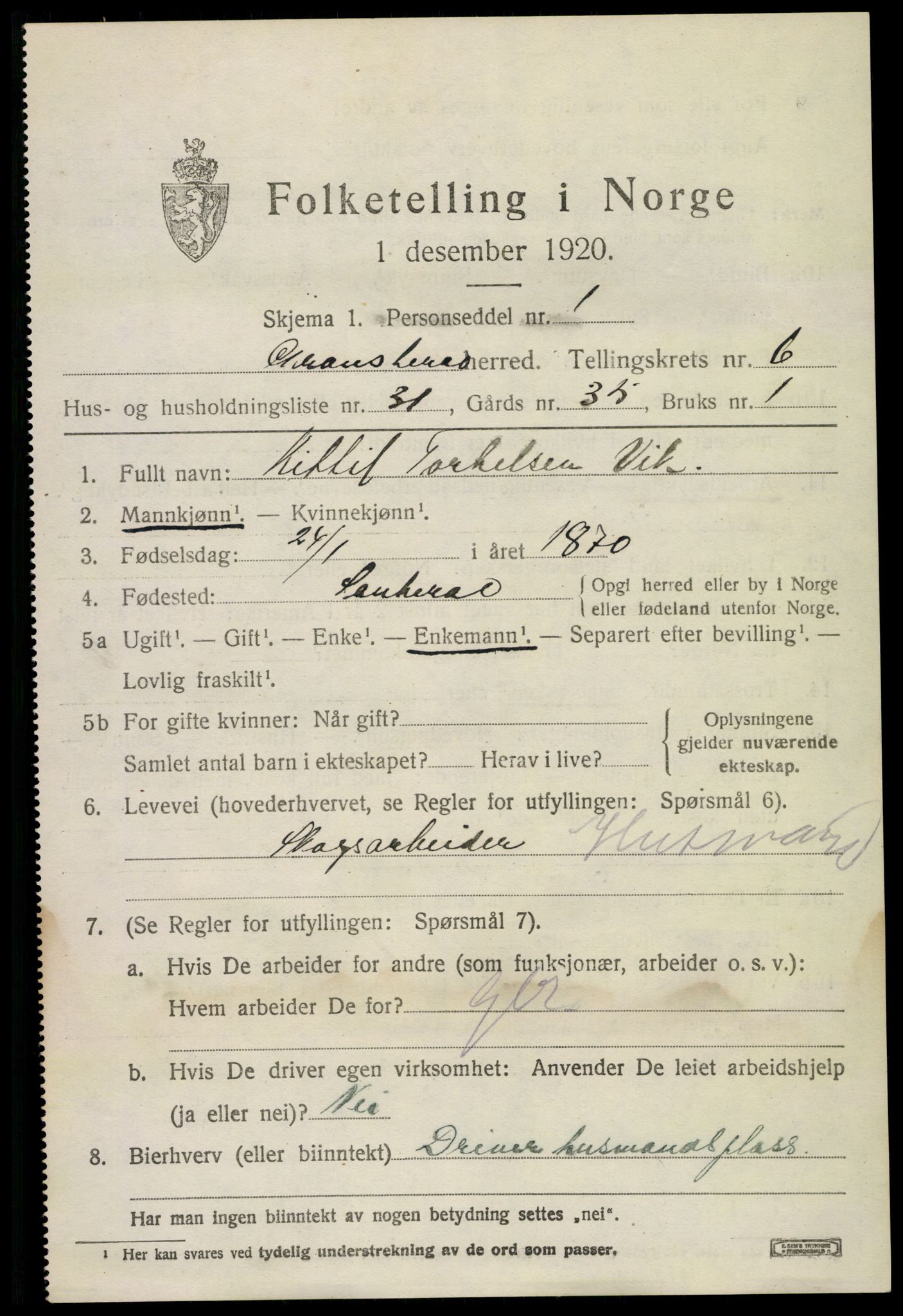SAKO, 1920 census for Gransherad, 1920, p. 2694