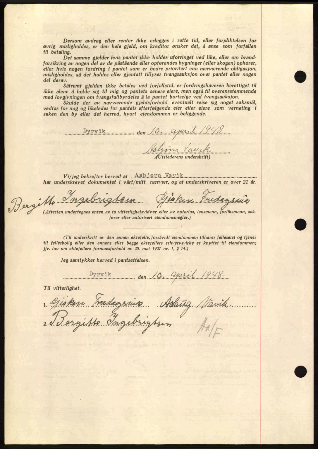 Hitra sorenskriveri, AV/SAT-A-0018/2/2C/2Ca: Mortgage book no. B1, 1939-1949, Diary no: : 463/1948