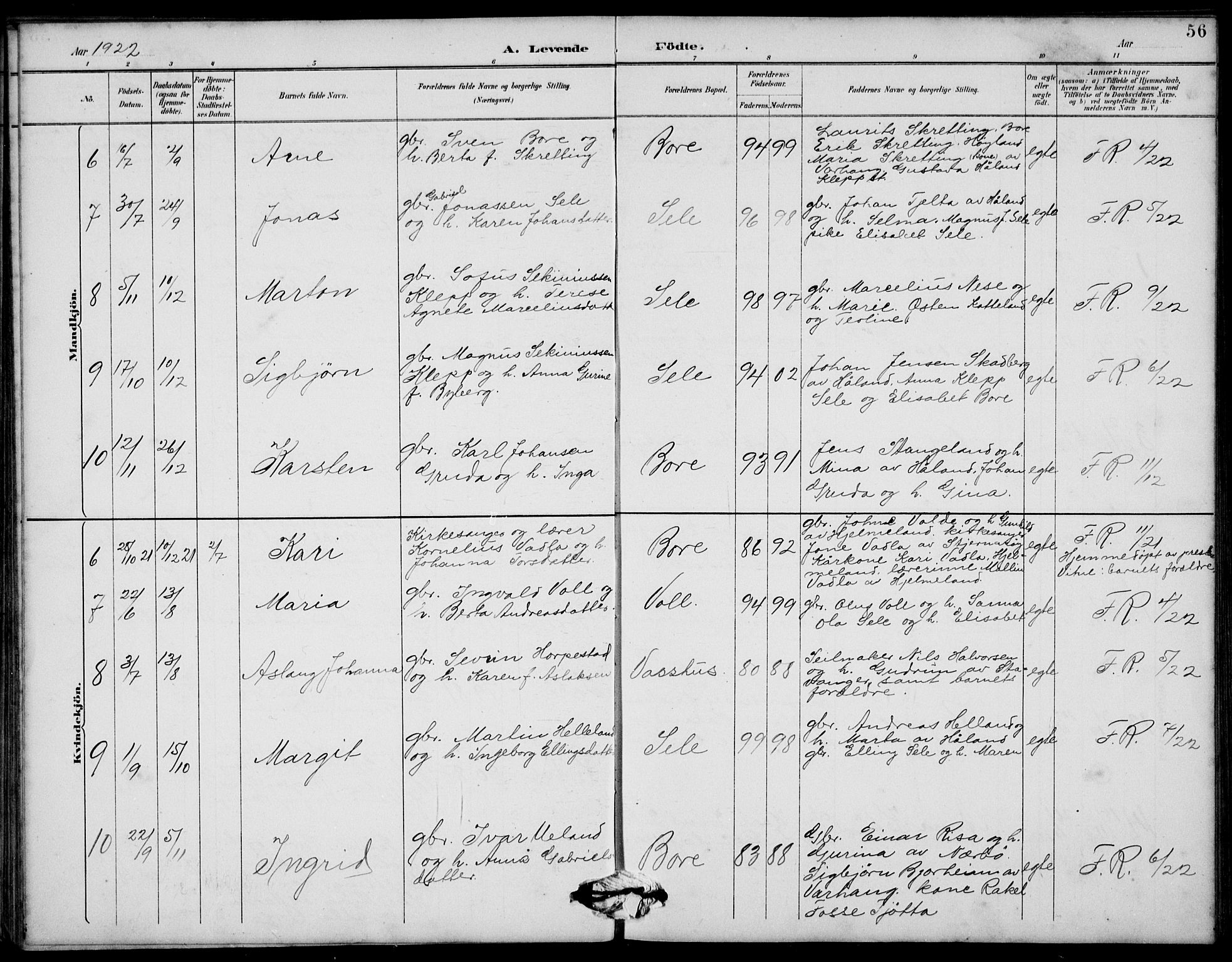 Klepp sokneprestkontor, AV/SAST-A-101803/001/3/30BB/L0006: Parish register (copy) no. B 6, 1889-1936, p. 56
