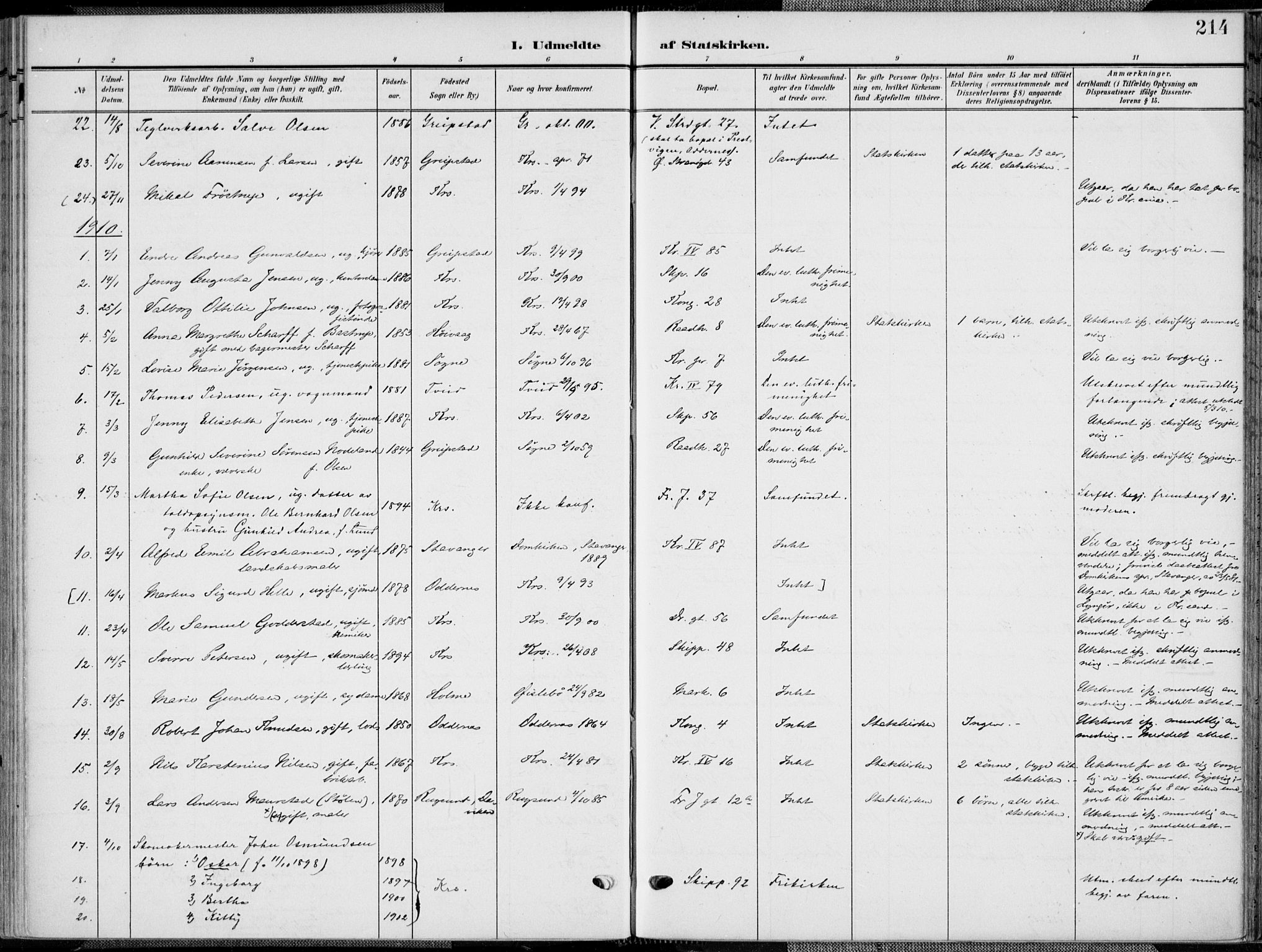 Kristiansand domprosti, SAK/1112-0006/F/Fa/L0022: Parish register (official) no. A 21, 1905-1916, p. 214