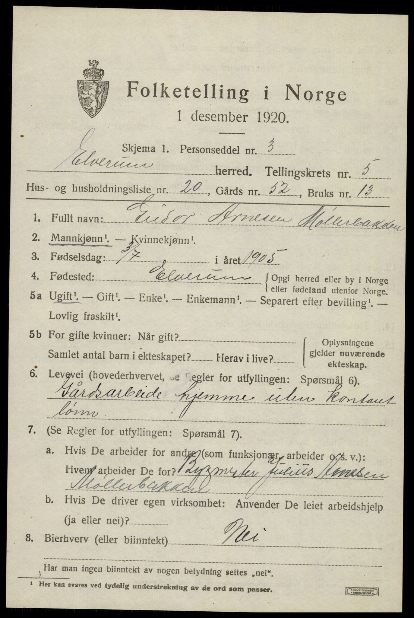 SAH, 1920 census for Elverum, 1920, p. 7724