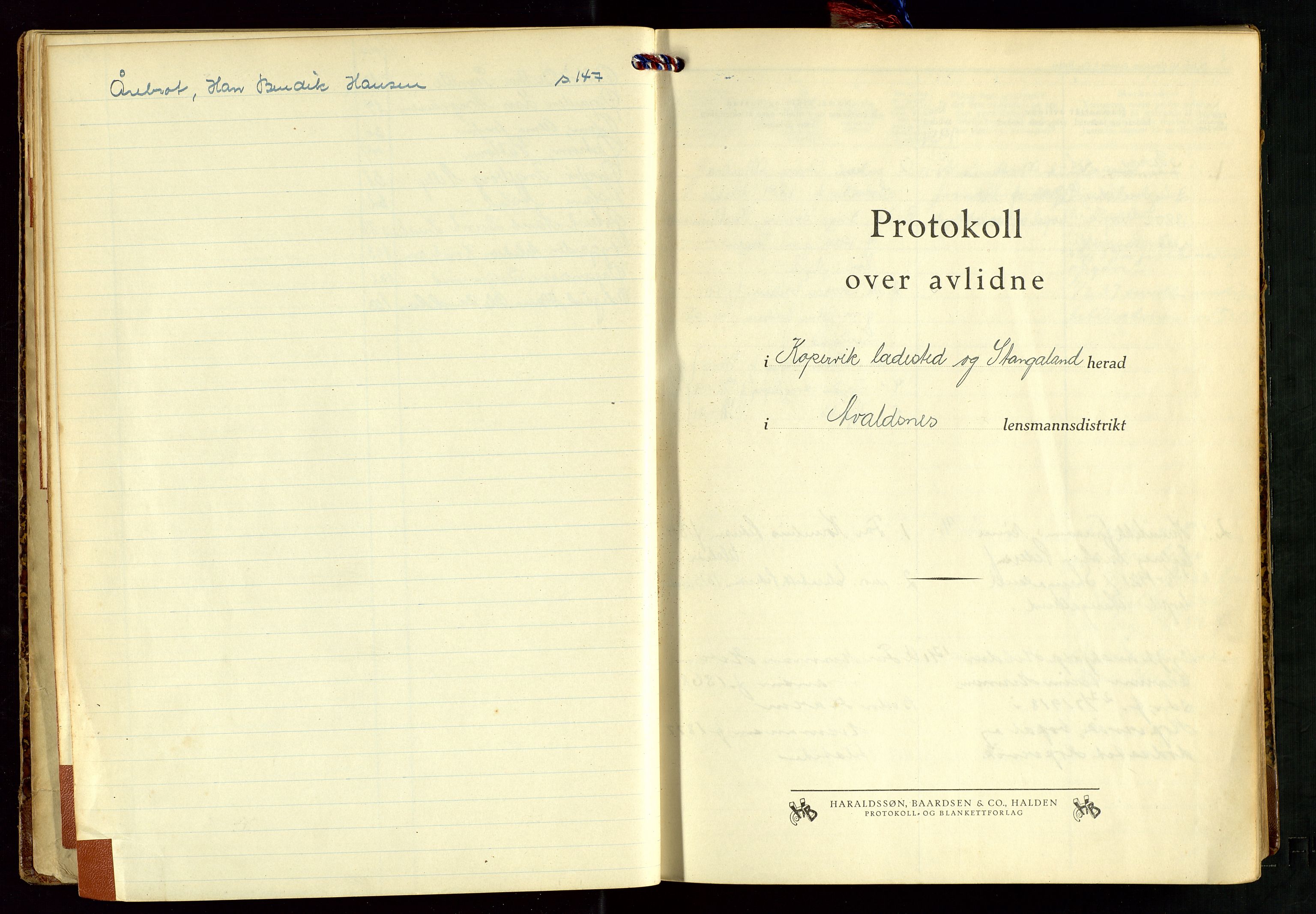 Avaldsnes lensmannskontor, SAST/A-100286/Gga/L0006: "Protokoll over avlidne i Kopervik ladested og Stangeland herad i Avaldsnes lensmannsdistrikt", 1937-1949