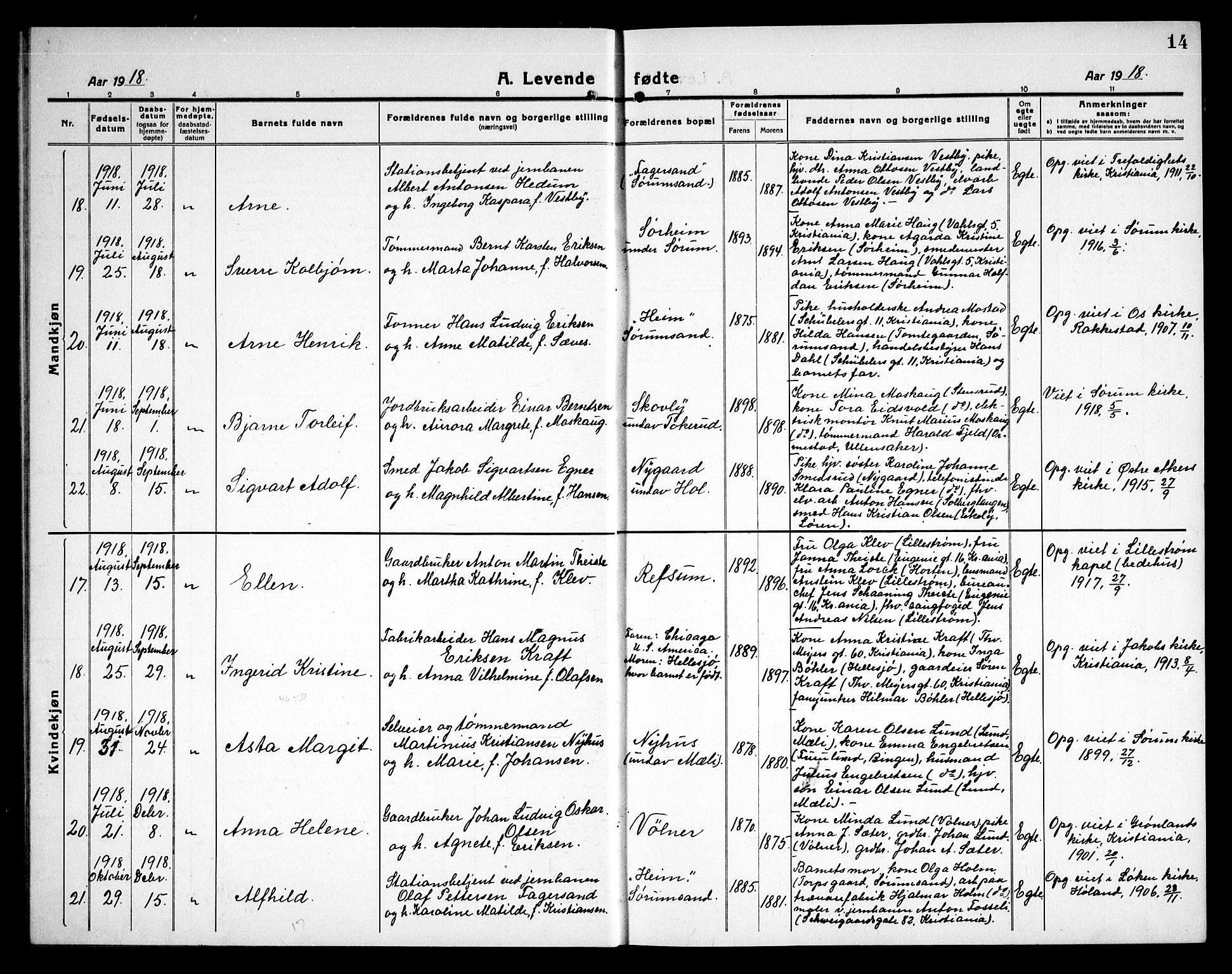 Sørum prestekontor Kirkebøker, AV/SAO-A-10303/G/Ga/L0008: Parish register (copy) no. I 8, 1917-1934, p. 14