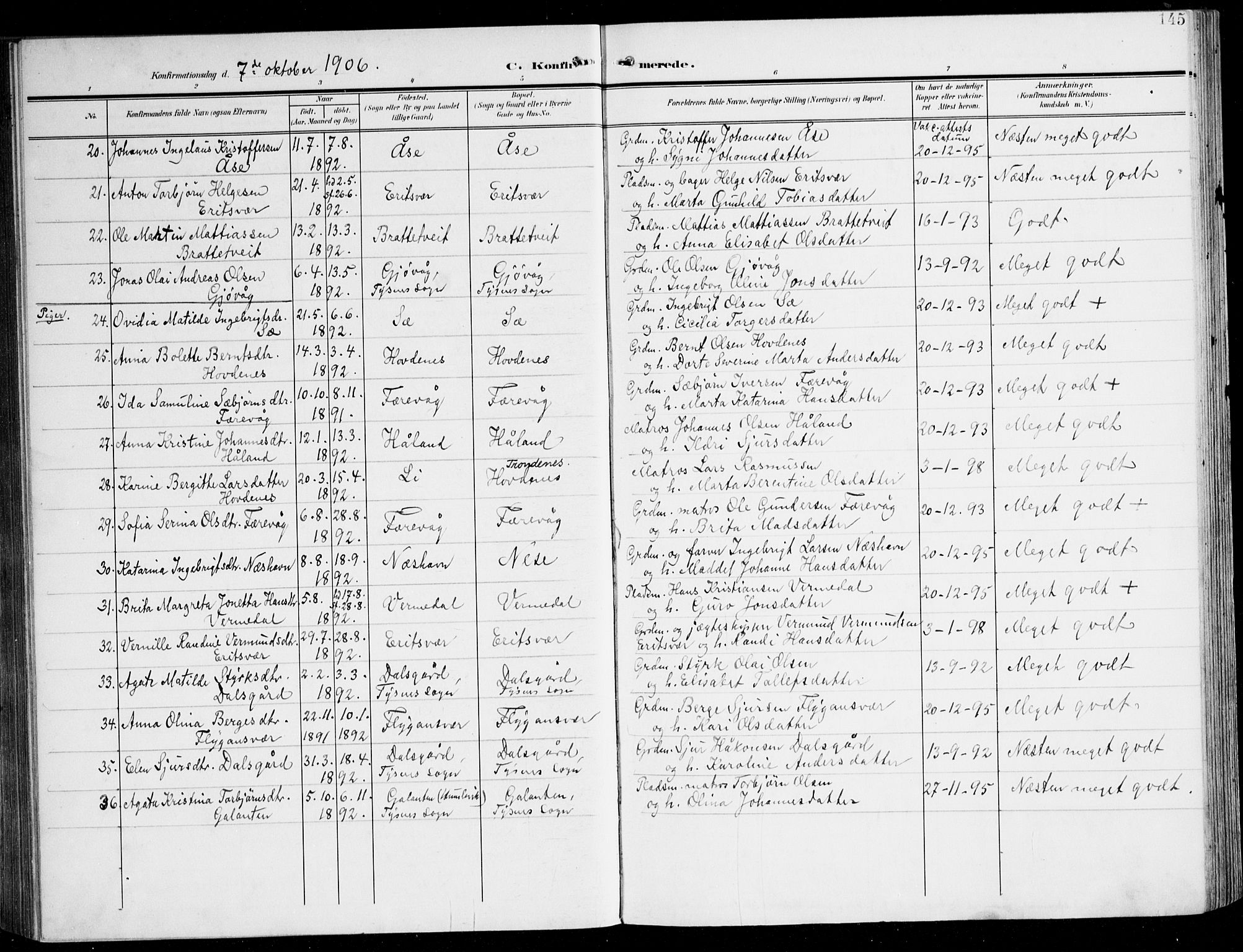 Tysnes sokneprestembete, AV/SAB-A-78601/H/Haa: Parish register (official) no. D 2, 1905-1922, p. 145