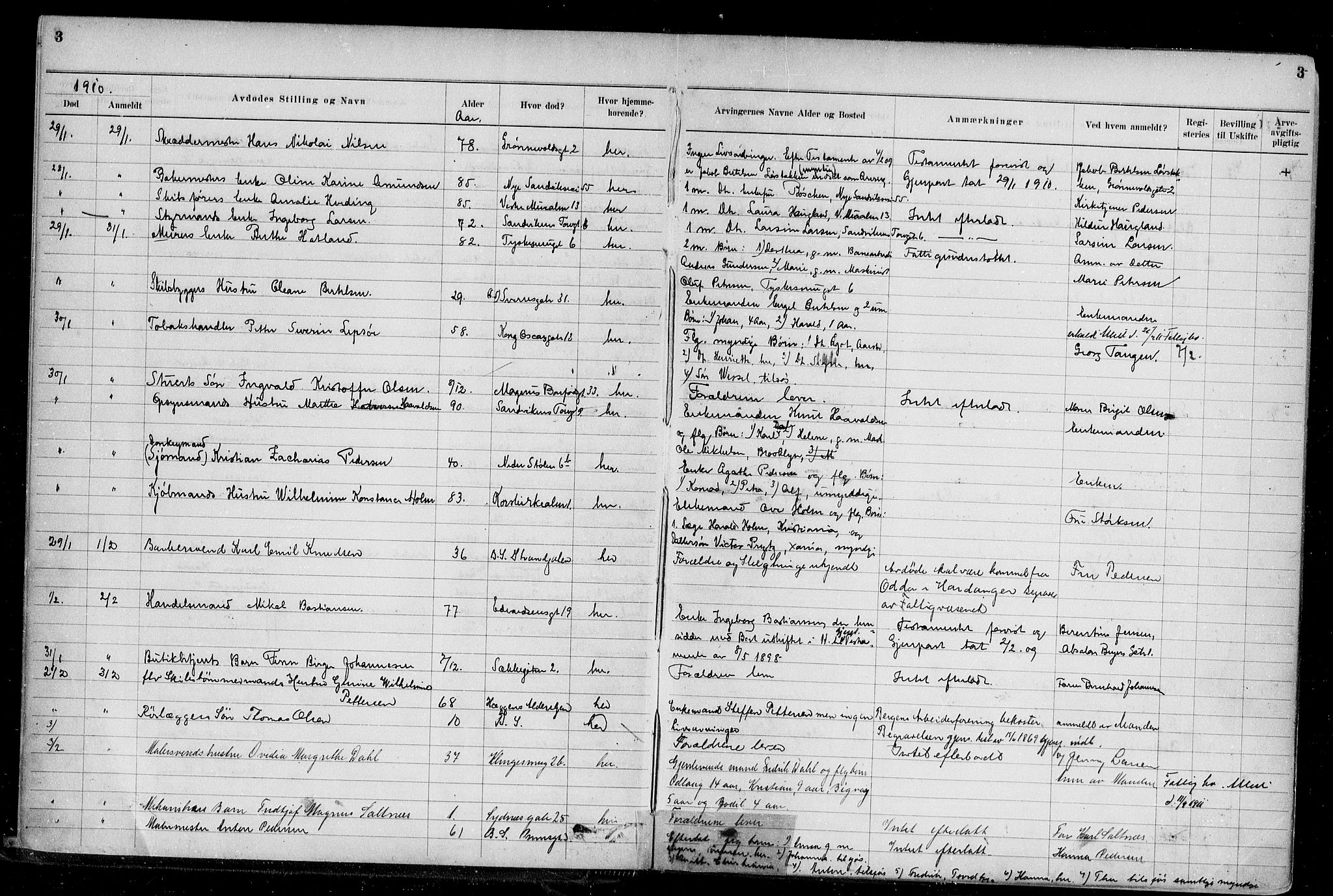 Byfogd og Byskriver i Bergen, AV/SAB-A-3401/06/06Na/L0009: Dødsfallsjournaler, 1910-1915, p. 3