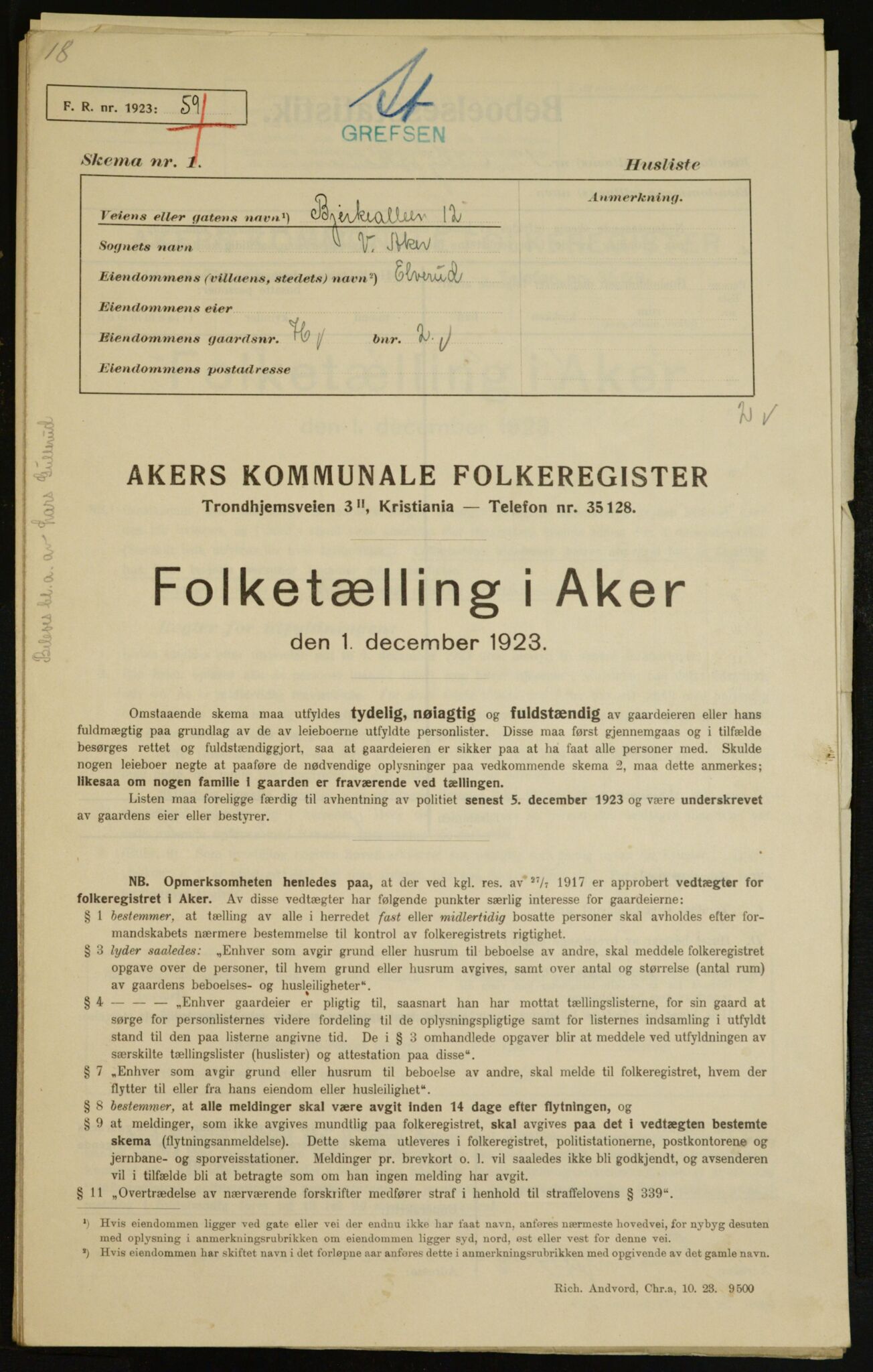 , Municipal Census 1923 for Aker, 1923, p. 7798