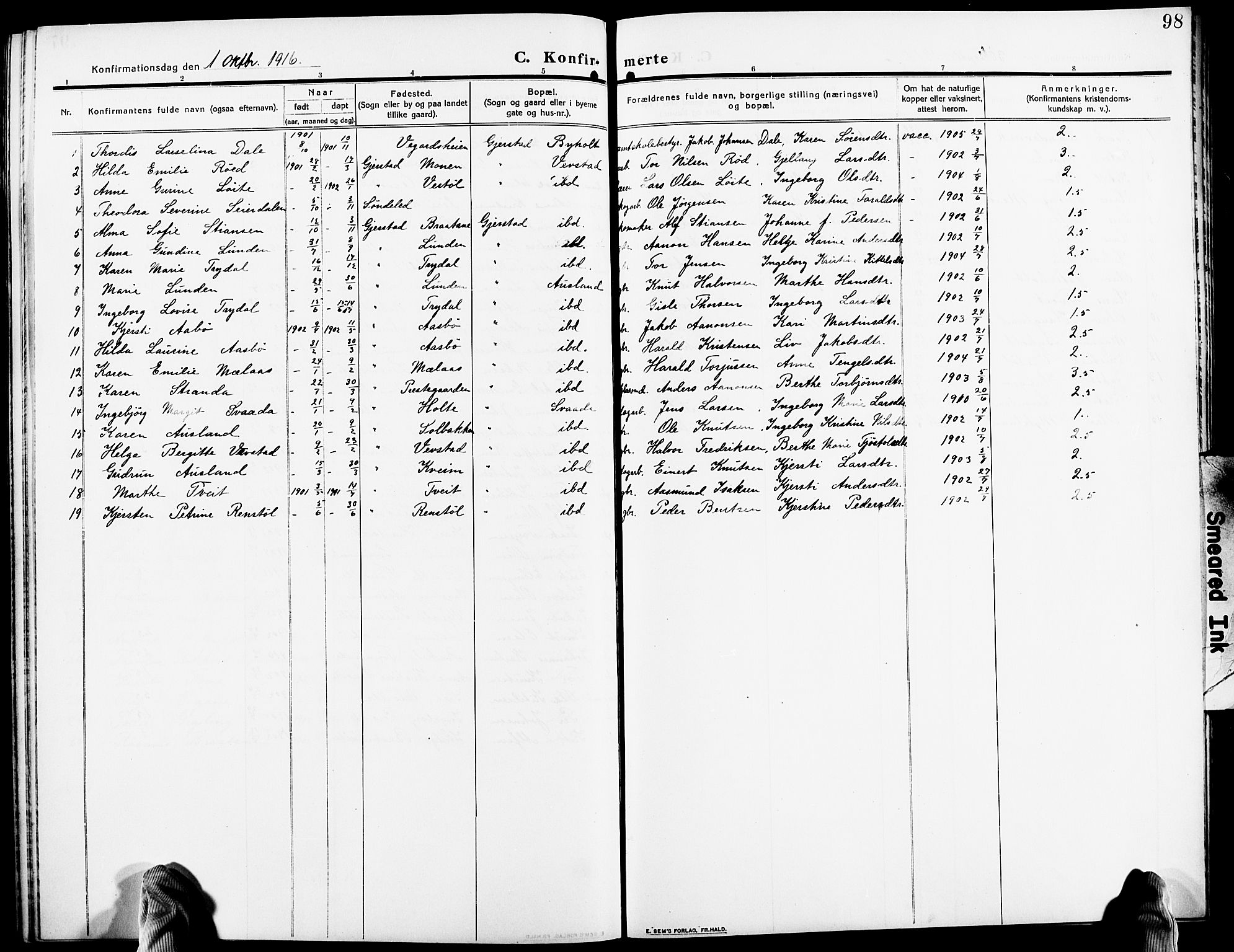 Gjerstad sokneprestkontor, SAK/1111-0014/F/Fb/Fba/L0008: Parish register (copy) no. B 8, 1909-1925, p. 98