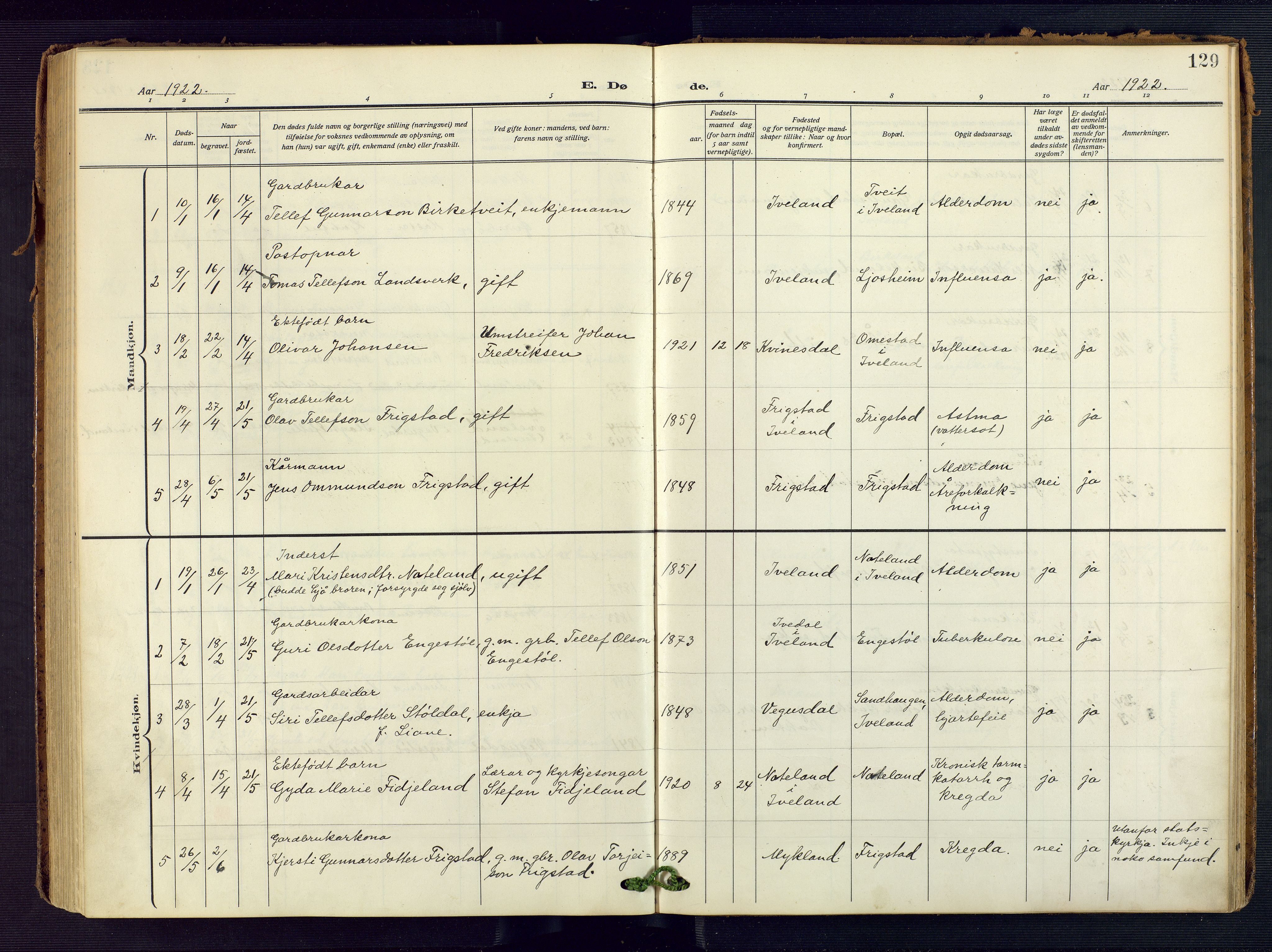 Evje sokneprestkontor, AV/SAK-1111-0008/F/Fa/Fac/L0004: Parish register (official) no. A 4, 1910-1932, p. 129