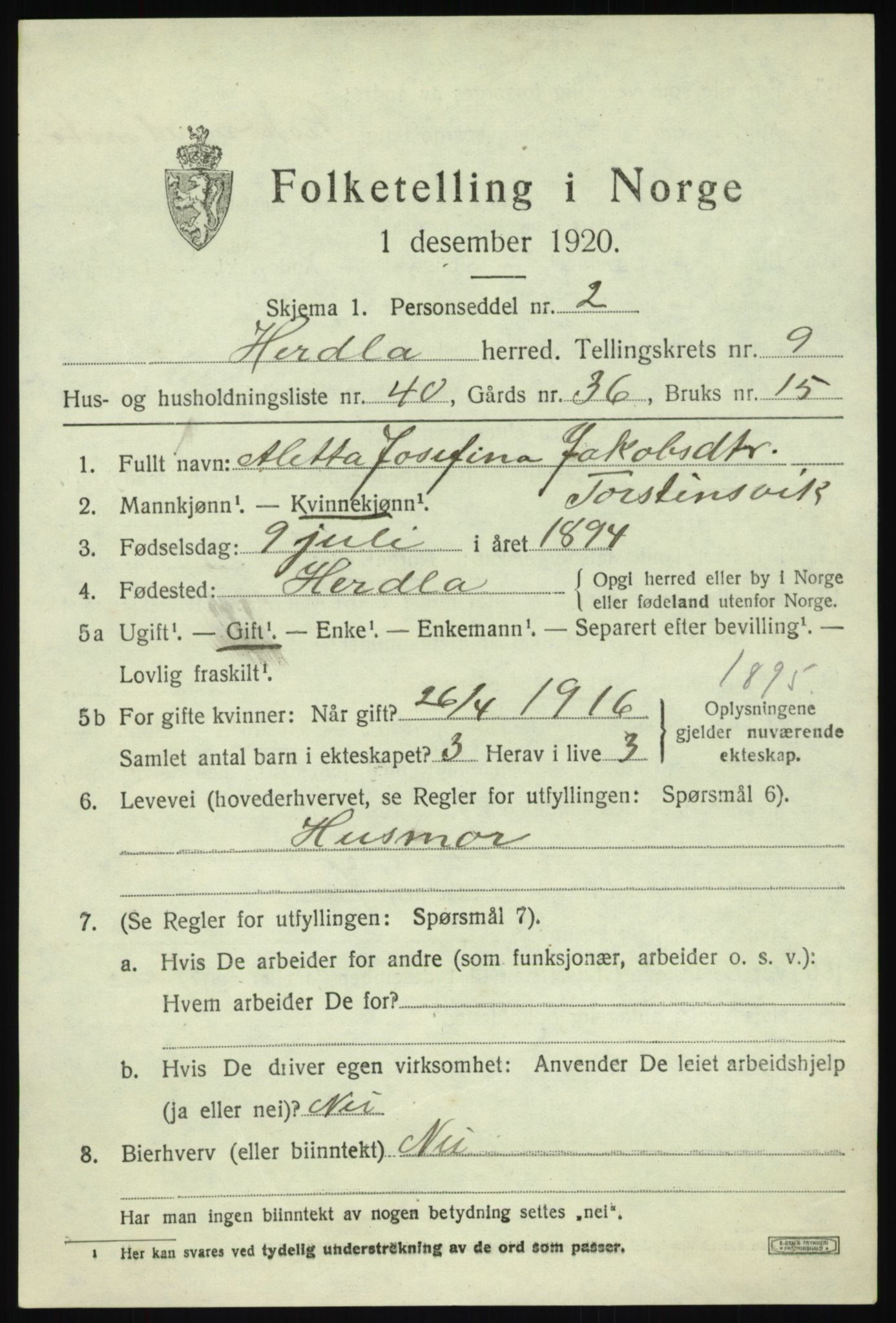 SAB, 1920 census for Herdla, 1920, p. 6847