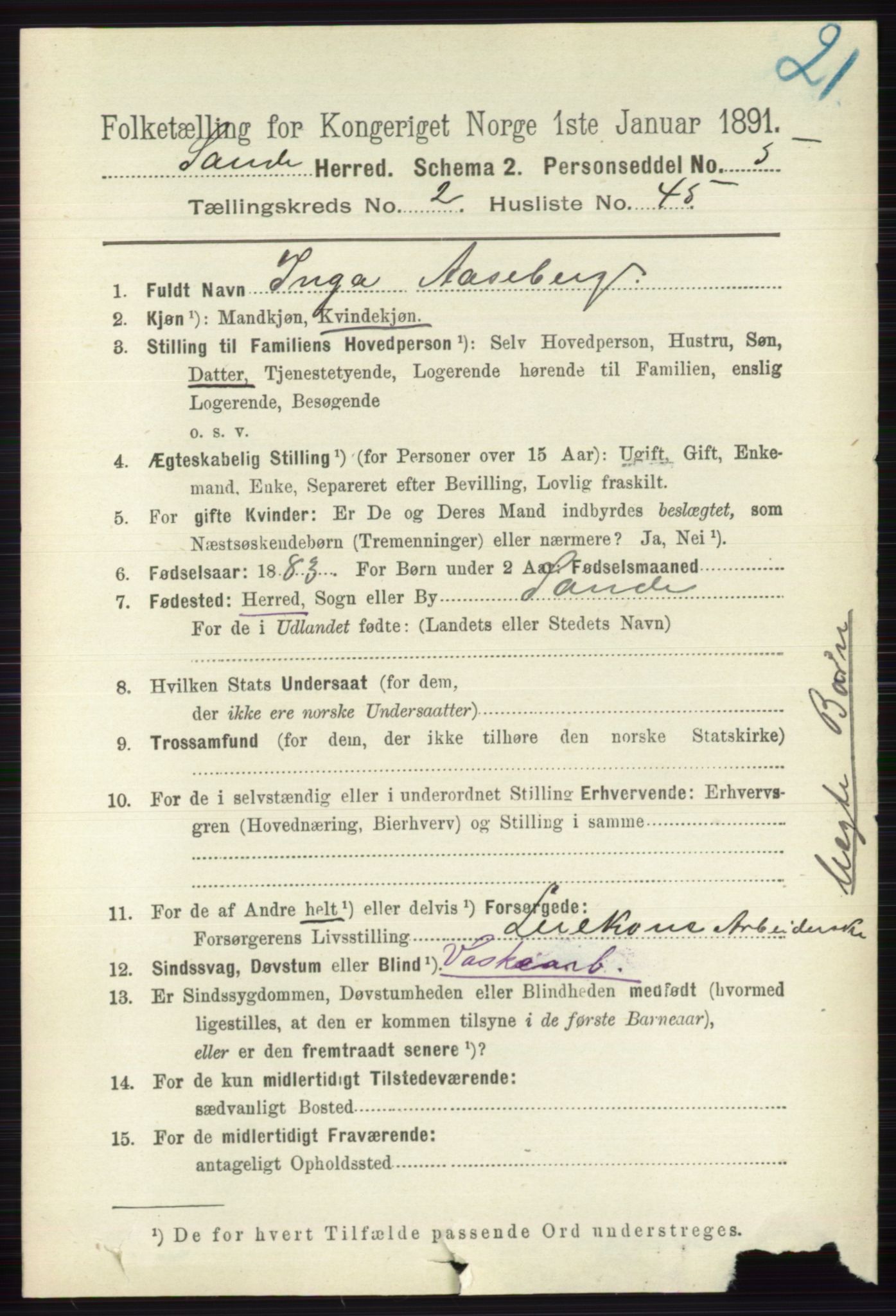 RA, 1891 census for 0713 Sande, 1891, p. 857