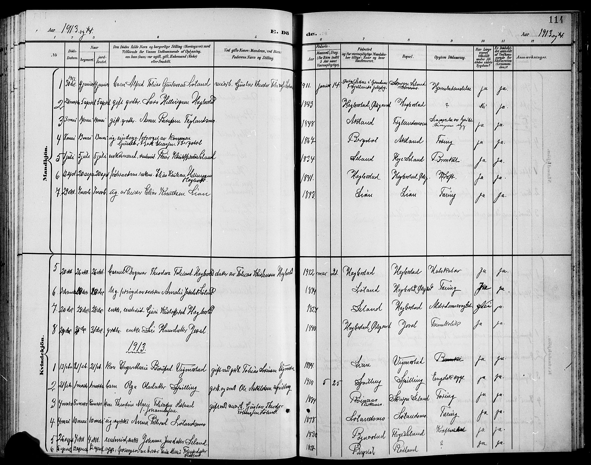 Nord-Audnedal sokneprestkontor, AV/SAK-1111-0032/F/Fb/Fbb/L0004: Parish register (copy) no. B 4, 1901-1917, p. 114