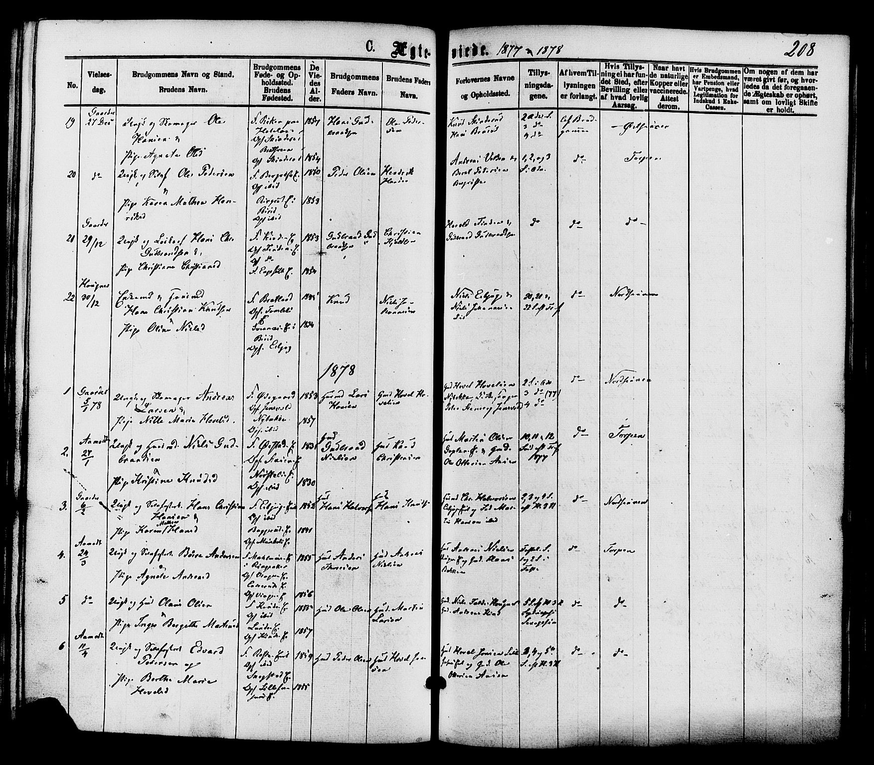 Nordre Land prestekontor, SAH/PREST-124/H/Ha/Haa/L0002: Parish register (official) no. 2, 1872-1881, p. 208