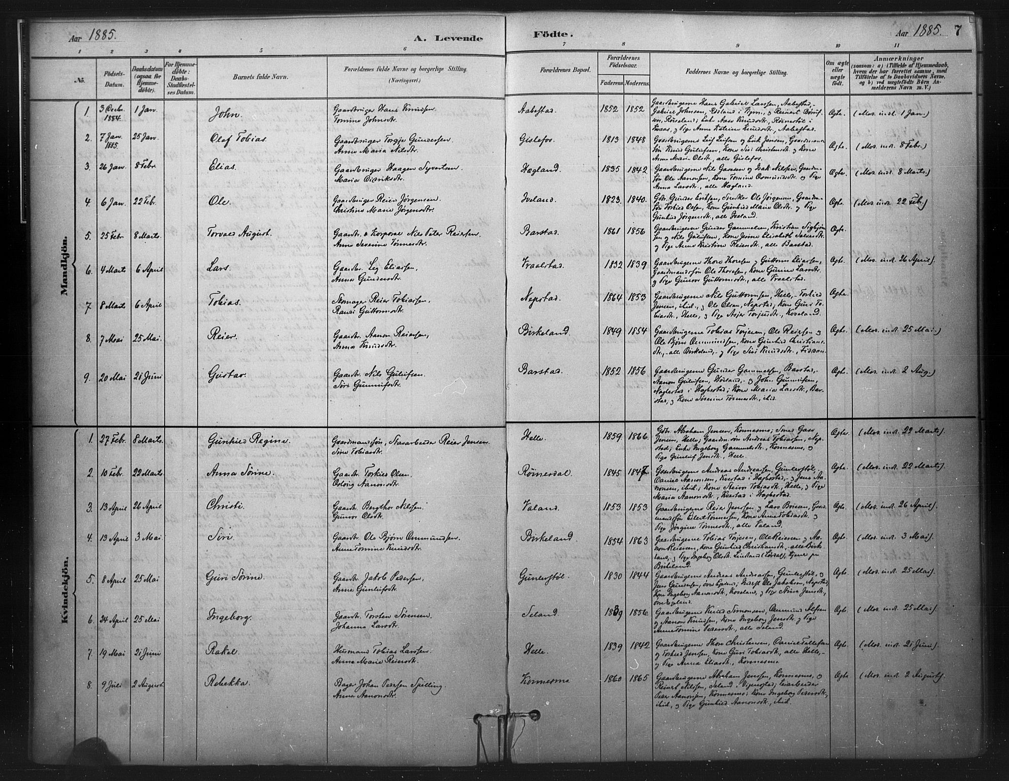 Nord-Audnedal sokneprestkontor, AV/SAK-1111-0032/F/Fa/Faa/L0003: Parish register (official) no. A 3, 1882-1900, p. 7