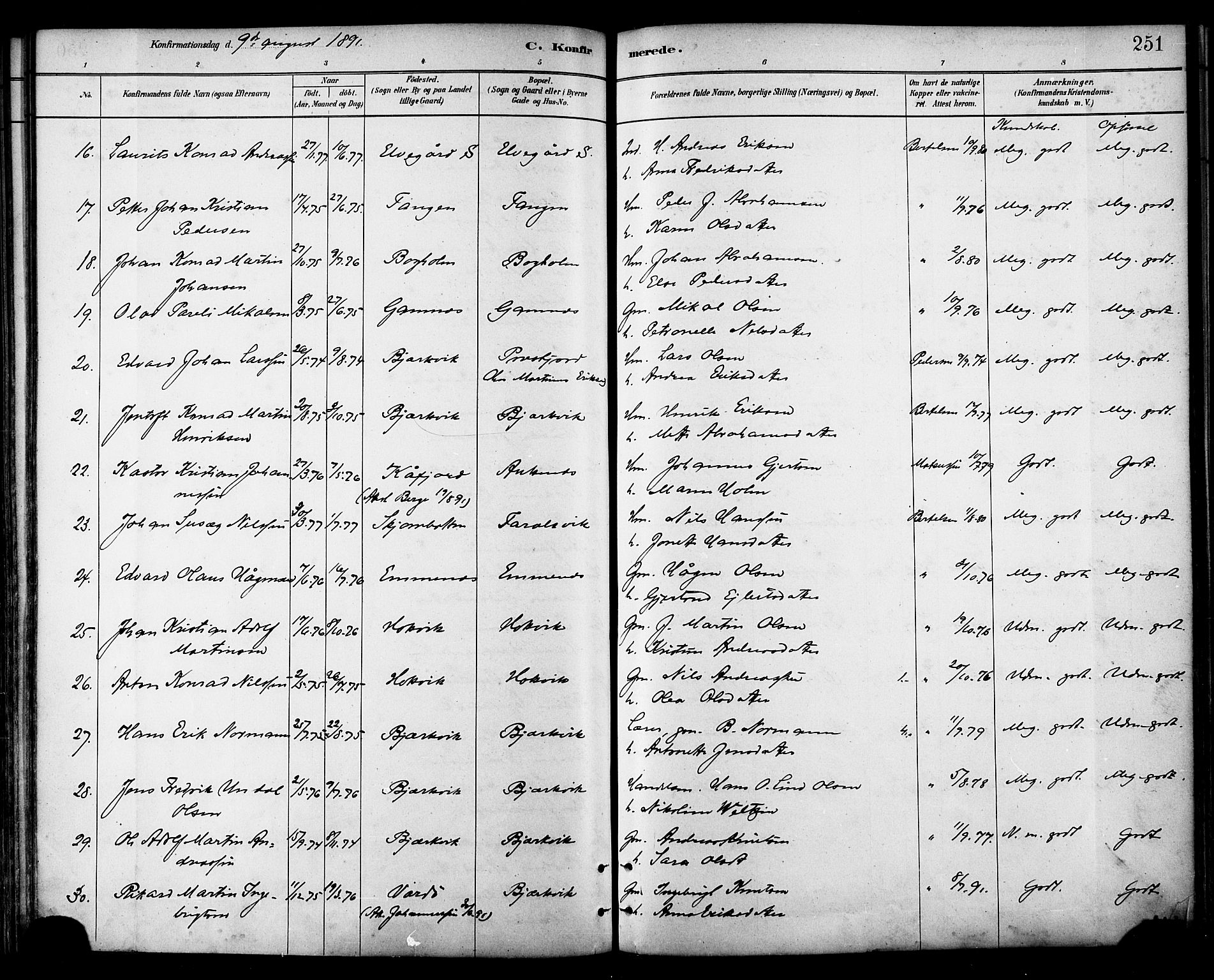 Ministerialprotokoller, klokkerbøker og fødselsregistre - Nordland, AV/SAT-A-1459/866/L0938: Parish register (official) no. 866A01, 1879-1893, p. 251