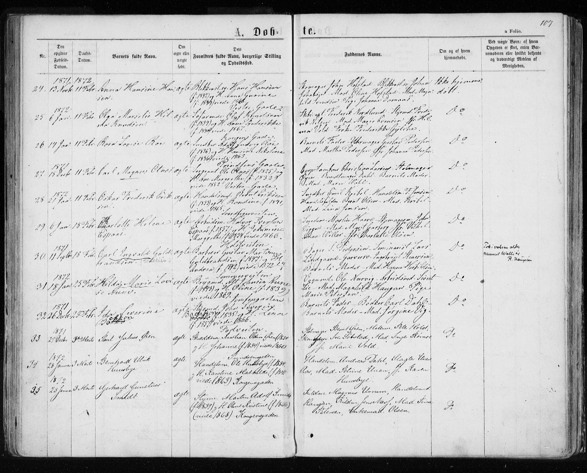 Ministerialprotokoller, klokkerbøker og fødselsregistre - Sør-Trøndelag, SAT/A-1456/601/L0054: Parish register (official) no. 601A22, 1866-1877, p. 107