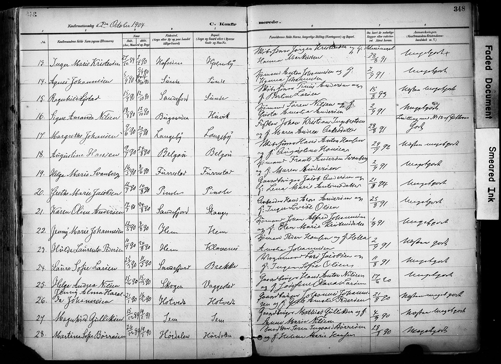 Sandar kirkebøker, AV/SAKO-A-243/F/Fa/L0014: Parish register (official) no. 14, 1896-1909, p. 348