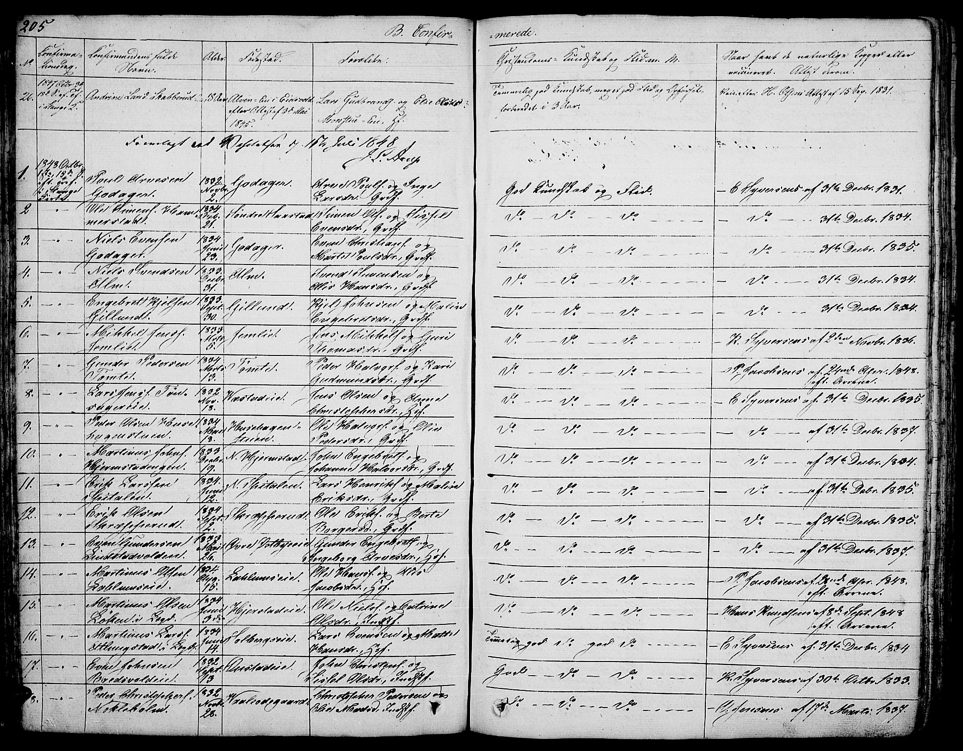 Stange prestekontor, AV/SAH-PREST-002/L/L0003: Parish register (copy) no. 3, 1840-1864, p. 205