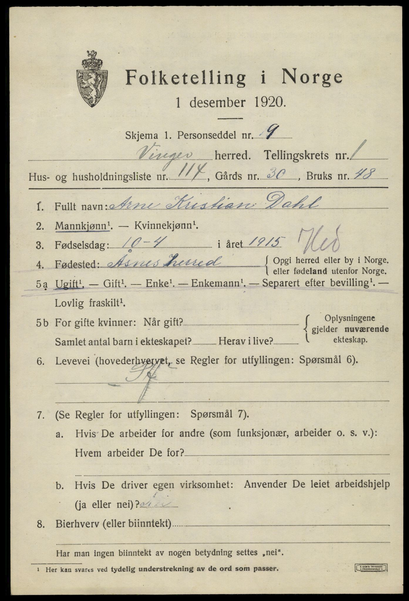 SAH, 1920 census for Vinger, 1920, p. 3224