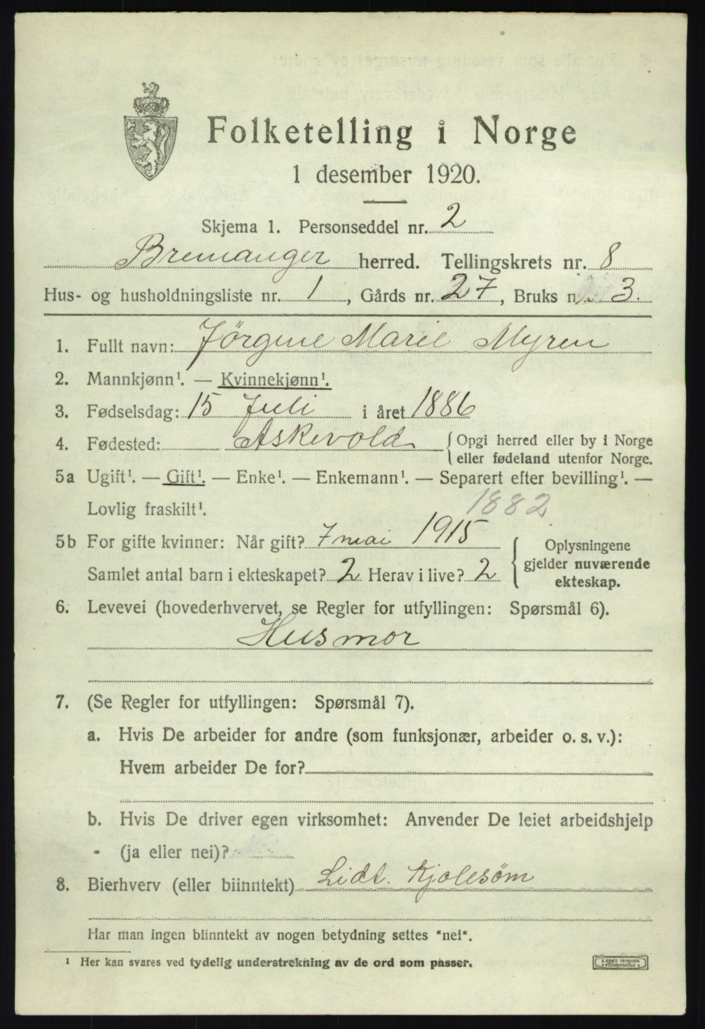 SAB, 1920 census for Bremanger, 1920, p. 4774