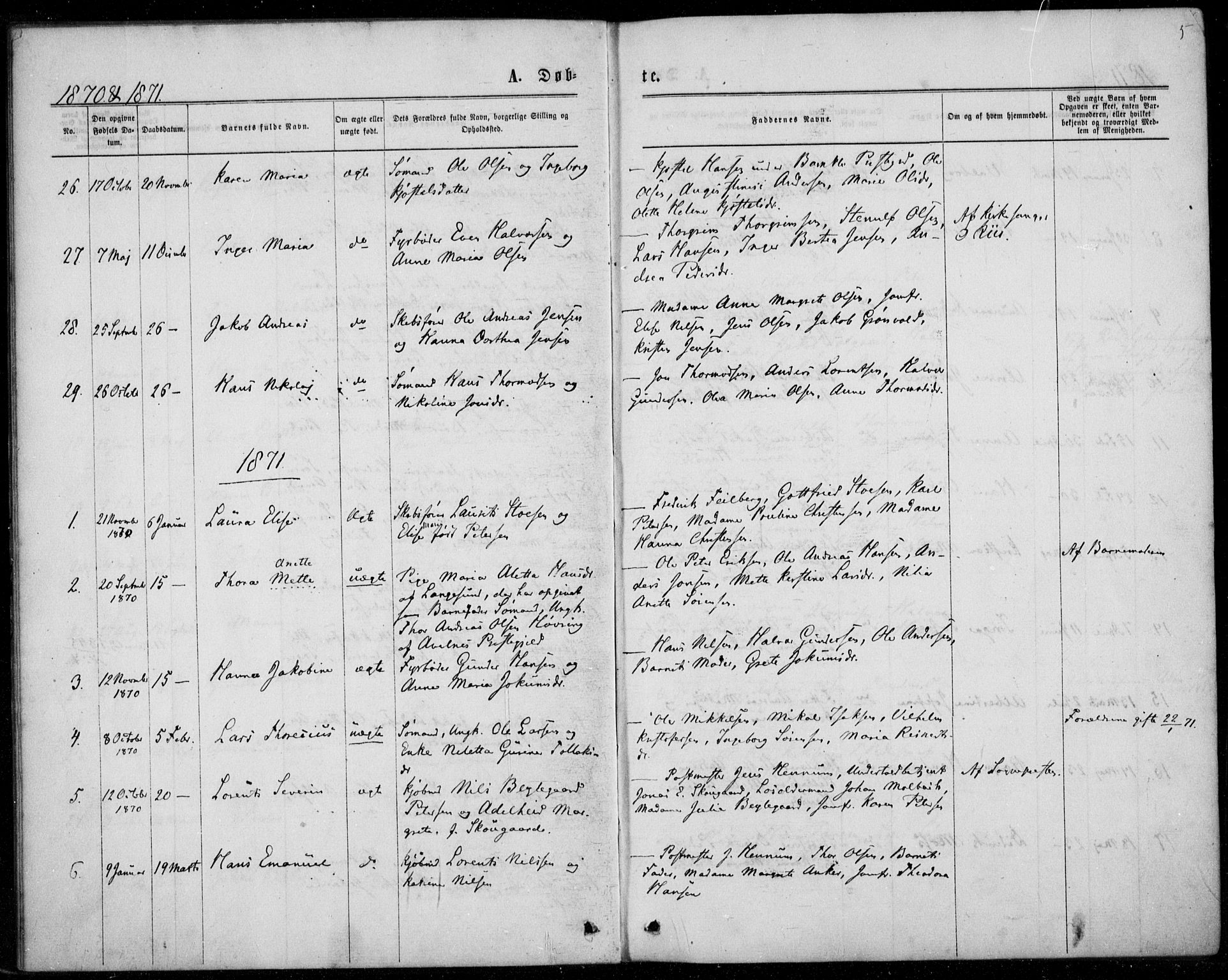 Langesund kirkebøker, SAKO/A-280/F/Fa/L0001: Parish register (official) no. 1, 1870-1877, p. 5