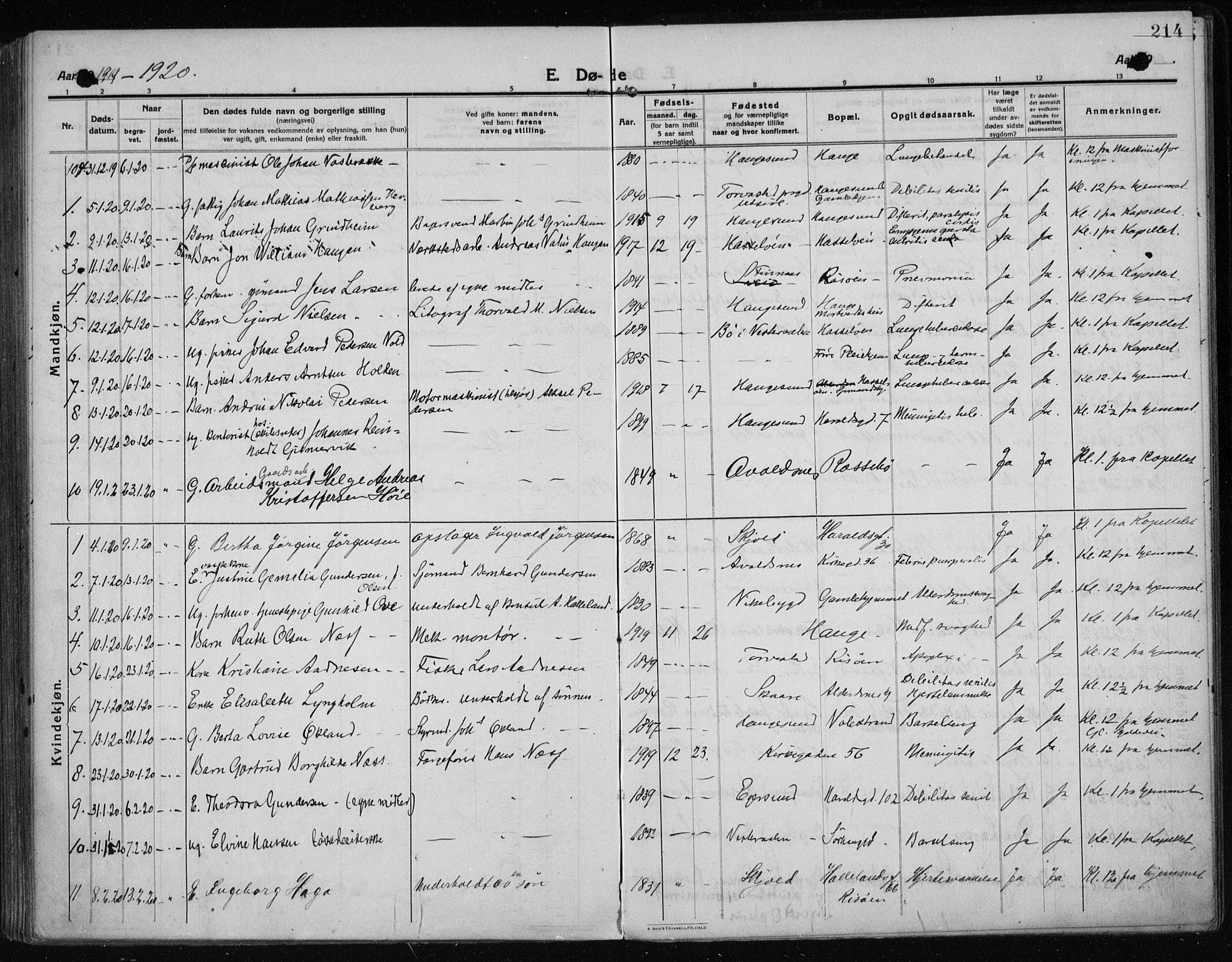 Haugesund sokneprestkontor, AV/SAST-A -101863/H/Ha/Haa/L0009: Parish register (official) no. A 9, 1914-1929, p. 214