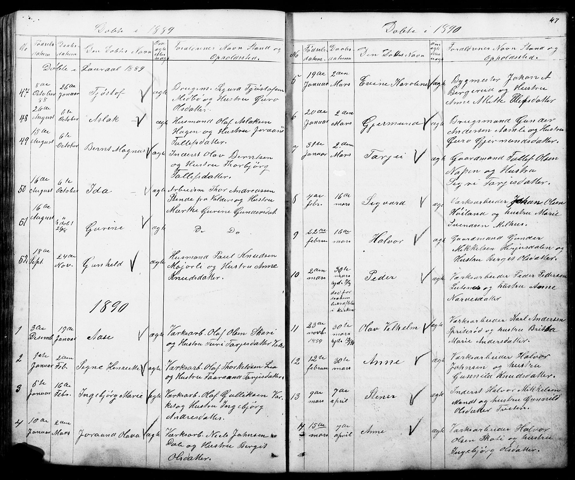 Mo kirkebøker, SAKO/A-286/G/Gb/L0002: Parish register (copy) no. II 2, 1851-1890, p. 47