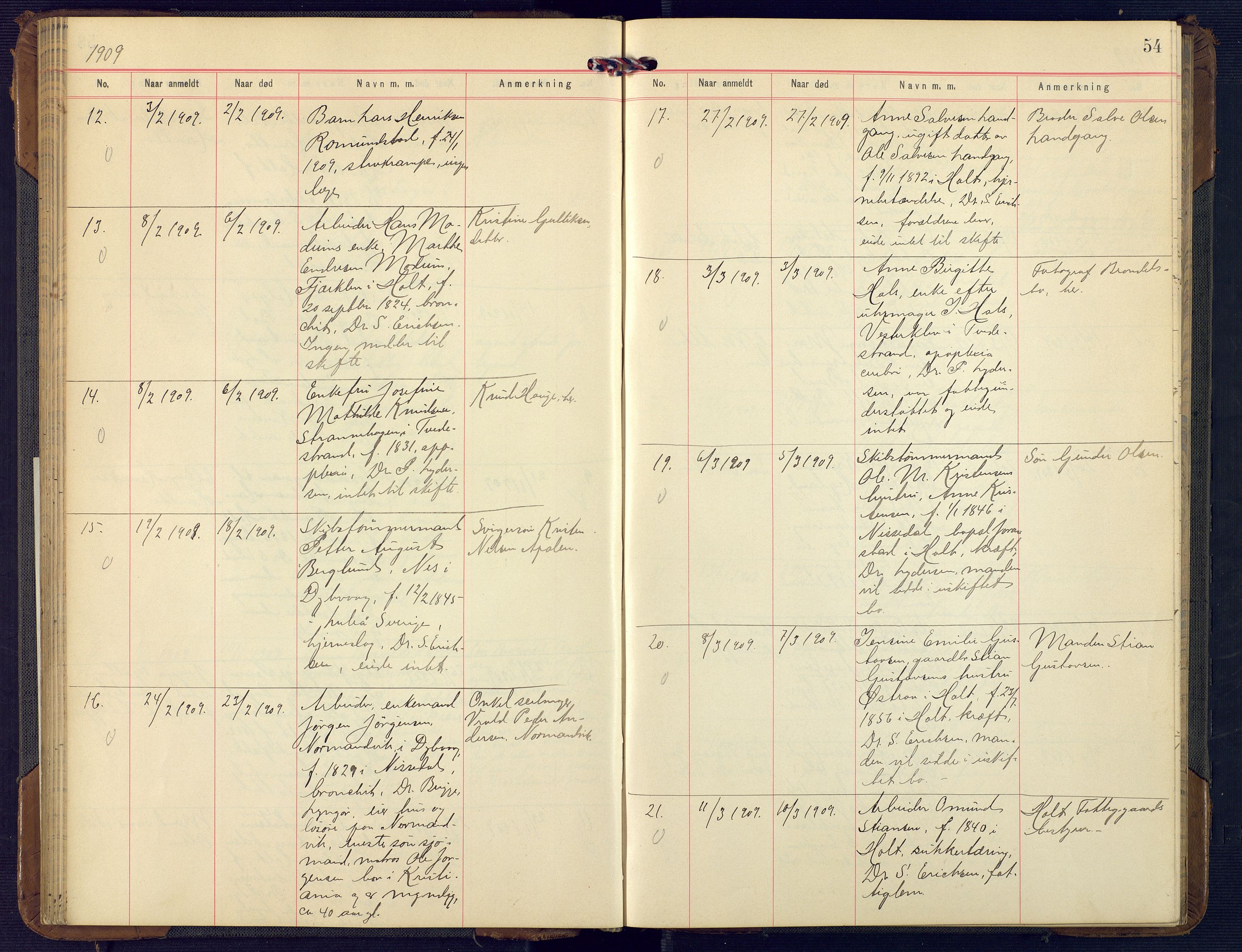 Holt sorenskriveri, SAK/1221-0002/H/Ha/L0003: Dødsfallsprotokoll nr. 4, 1902-1914, p. 53b-54a