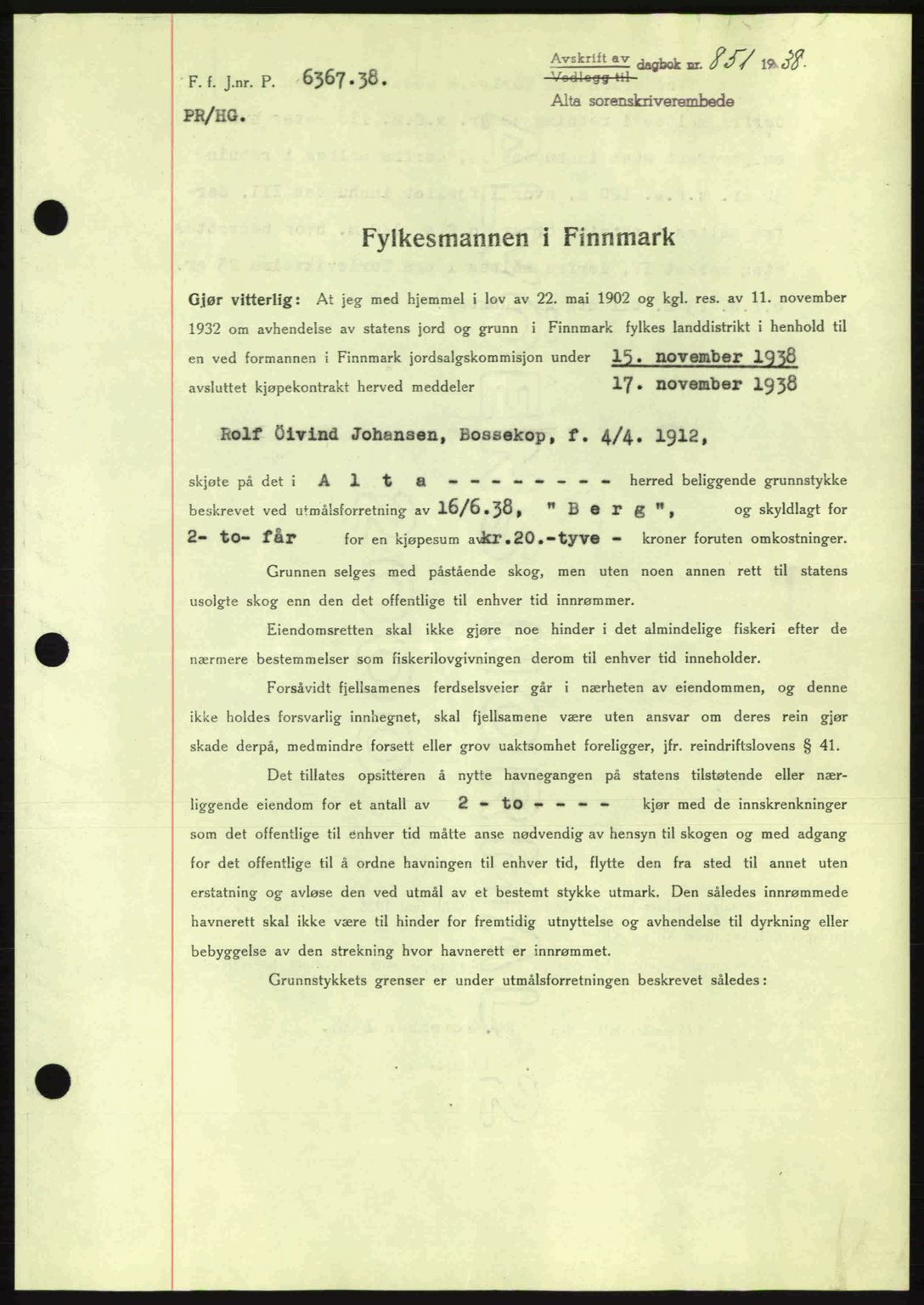 Alta fogderi/sorenskriveri, SATØ/SATØ-5/1/K/Kd/L0031pantebok: Mortgage book no. 31, 1938-1939, Diary no: : 851/1938