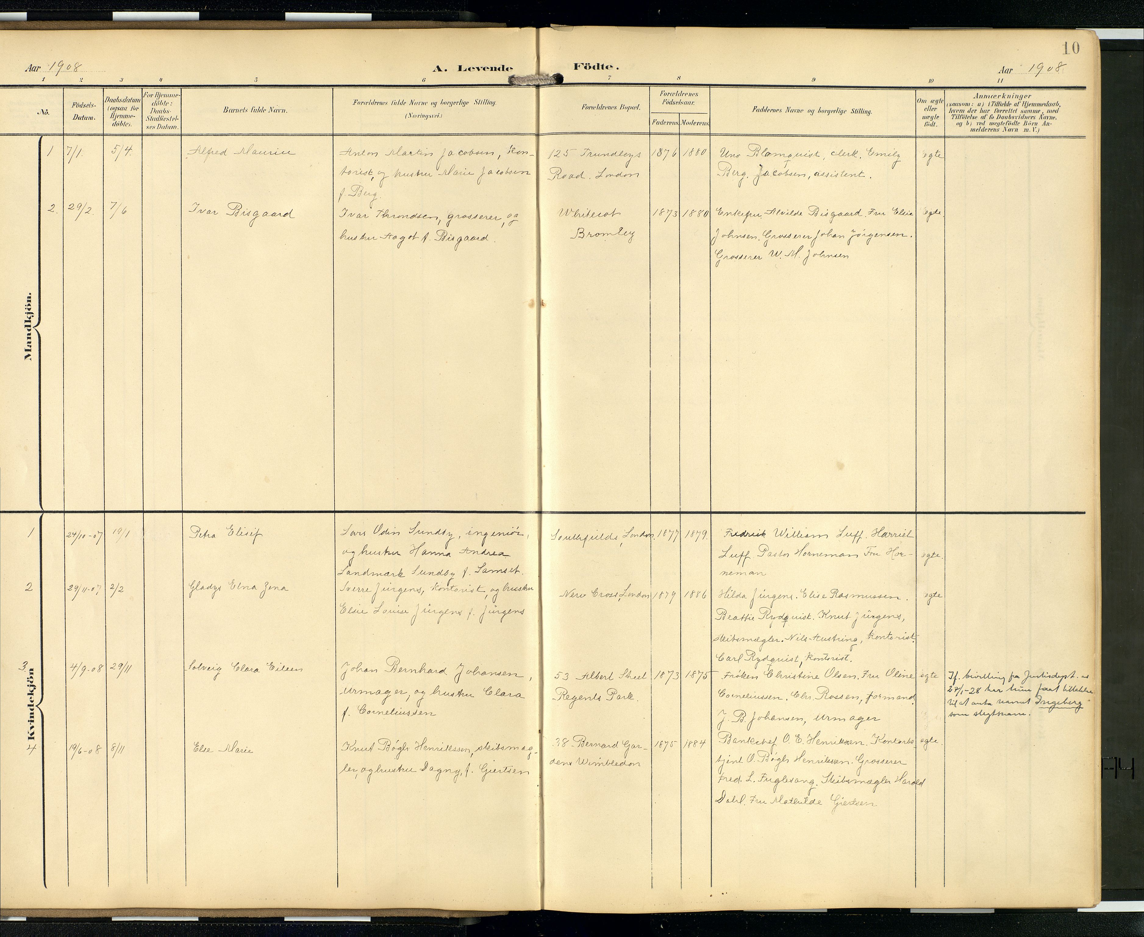  Den norske sjømannsmisjon i utlandet/London m/bistasjoner, SAB/SAB/PA-0103/H/Ha/L0003: Parish register (official) no. A 3, 1903-1934, p. 9b-10a