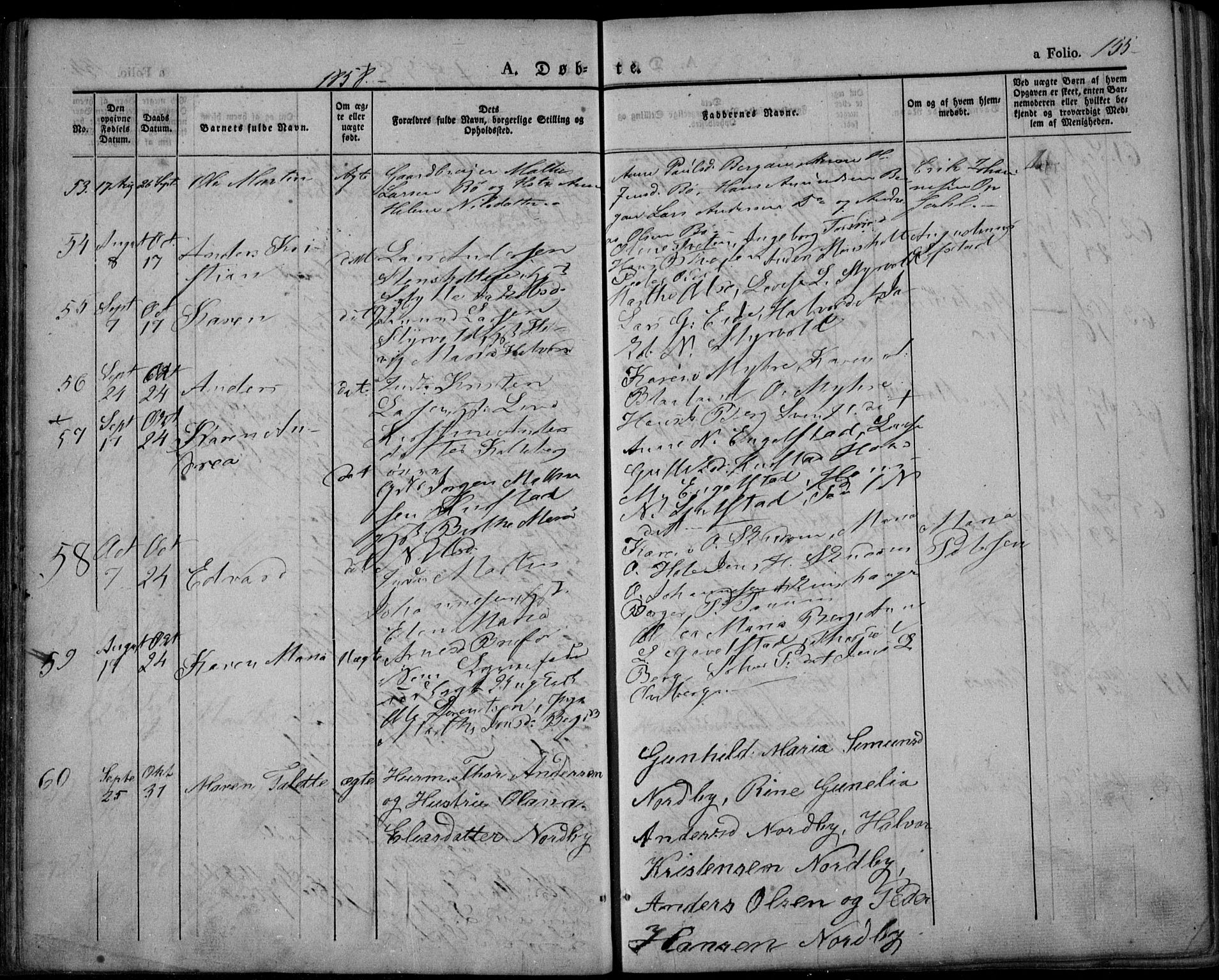 Lardal kirkebøker, AV/SAKO-A-350/F/Fa/L0006: Parish register (official) no. I 6, 1835-1860, p. 155