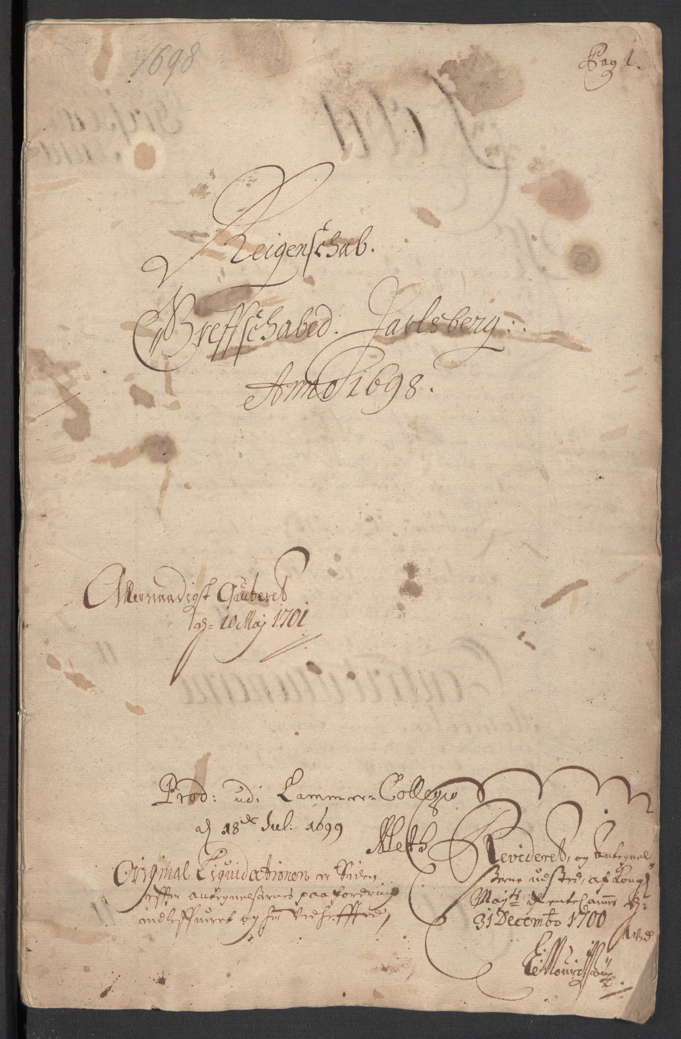 Rentekammeret inntil 1814, Reviderte regnskaper, Fogderegnskap, RA/EA-4092/R32/L1868: Fogderegnskap Jarlsberg grevskap, 1697-1699, p. 131