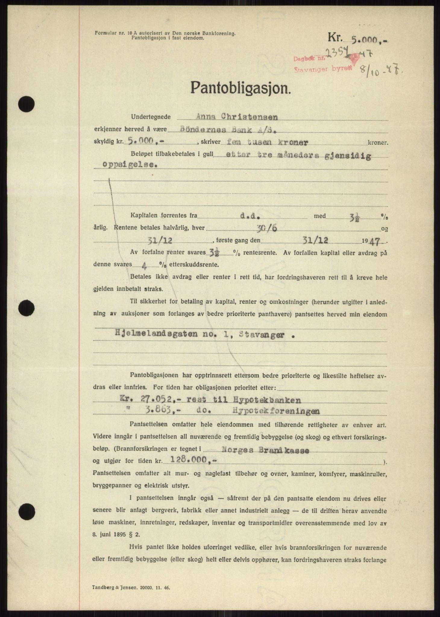 Stavanger byrett, SAST/A-100455/002/G/Gb/L0032: Mortgage book, 1947-1950, Diary no: : 2354/1947