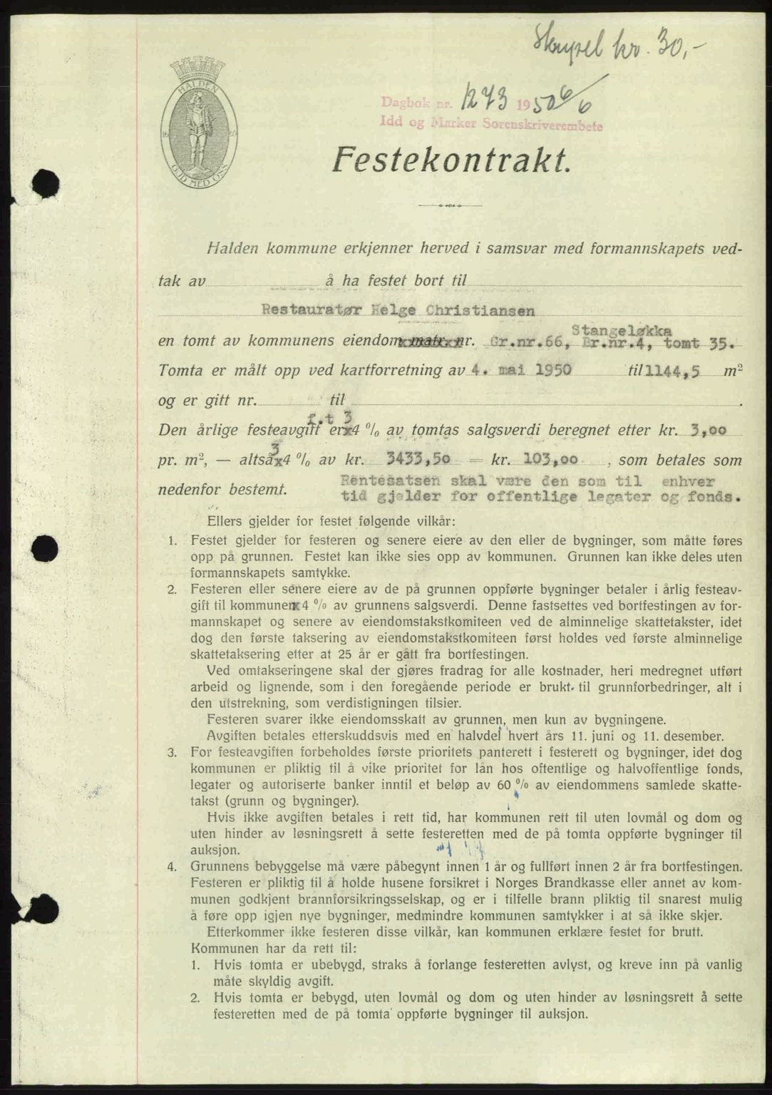 Idd og Marker sorenskriveri, AV/SAO-A-10283/G/Gb/Gbb/L0014: Mortgage book no. A14, 1950-1950, Diary no: : 1273/1950