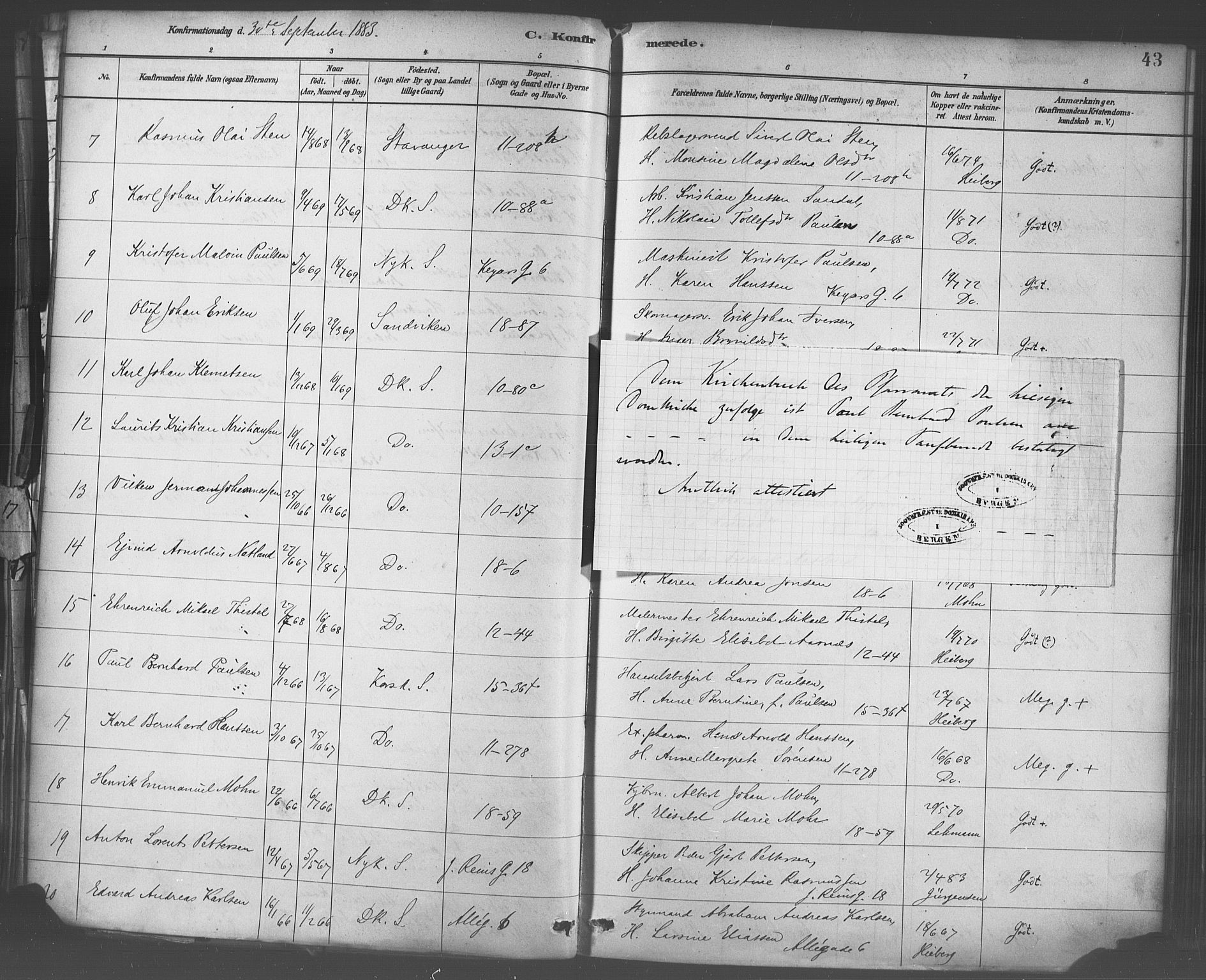 Domkirken sokneprestembete, SAB/A-74801/H/Haa/L0030: Parish register (official) no. C 5, 1880-1898, p. 43