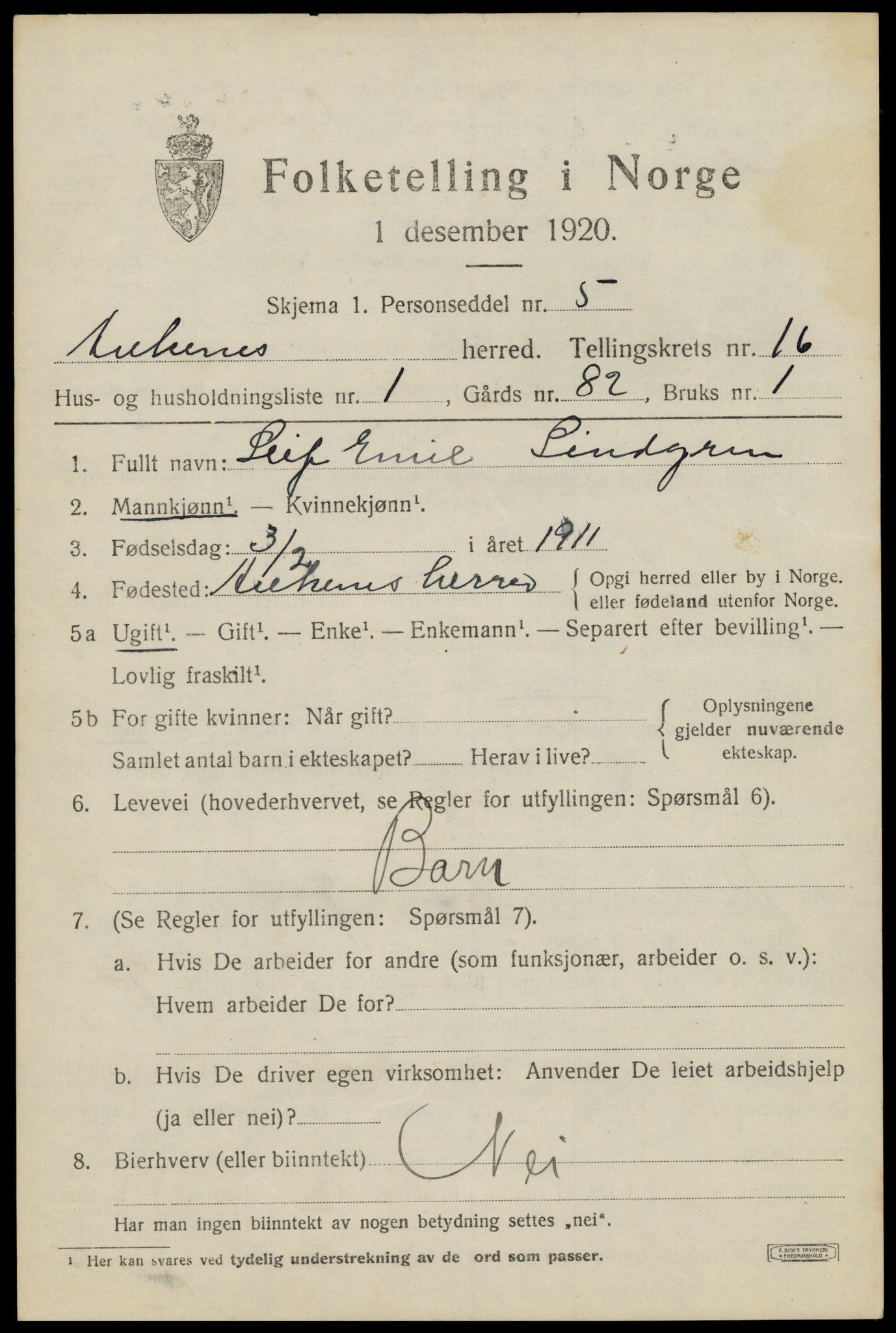 SAT, 1920 census for Ankenes, 1920, p. 7403