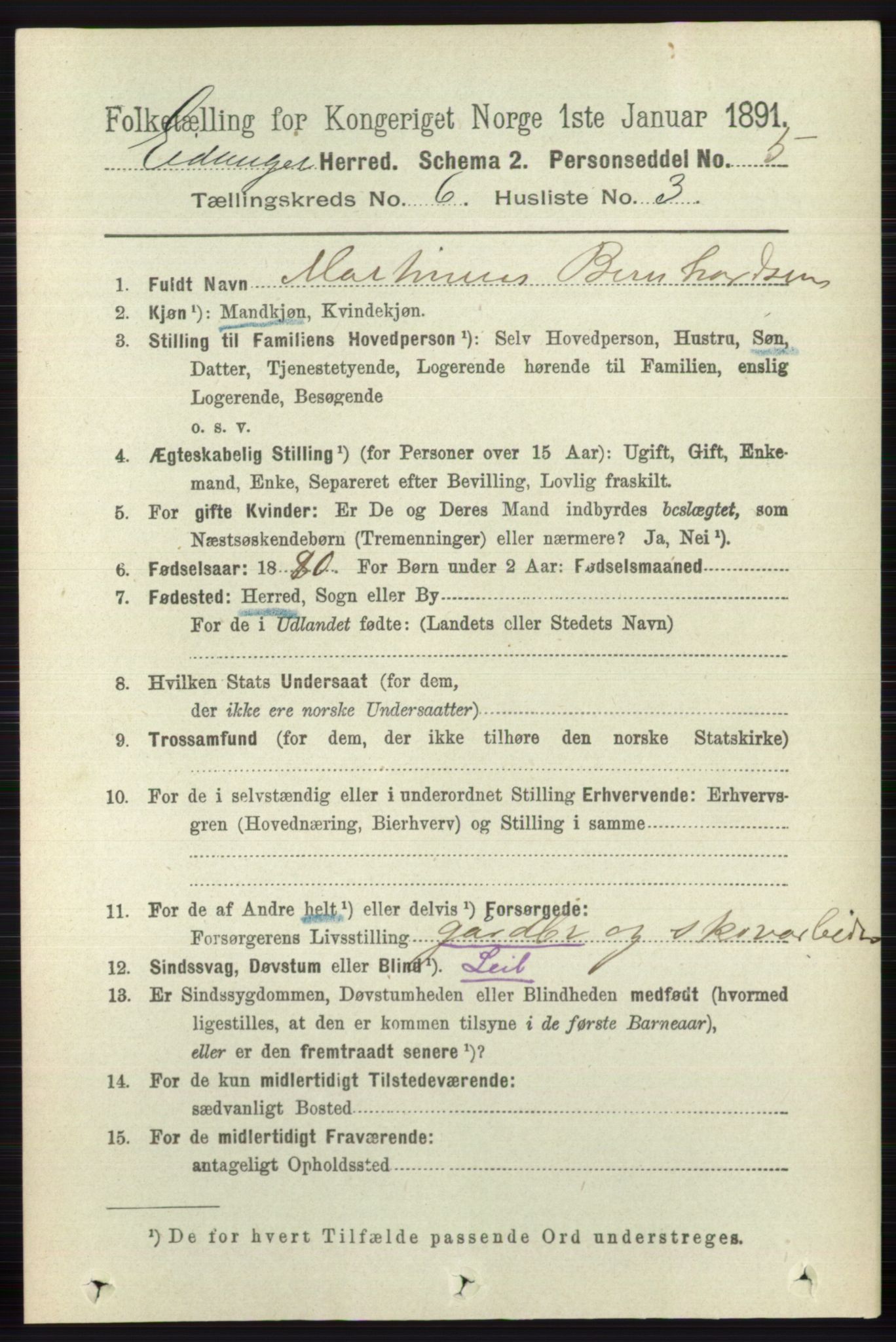 RA, 1891 census for 0813 Eidanger, 1891, p. 2581