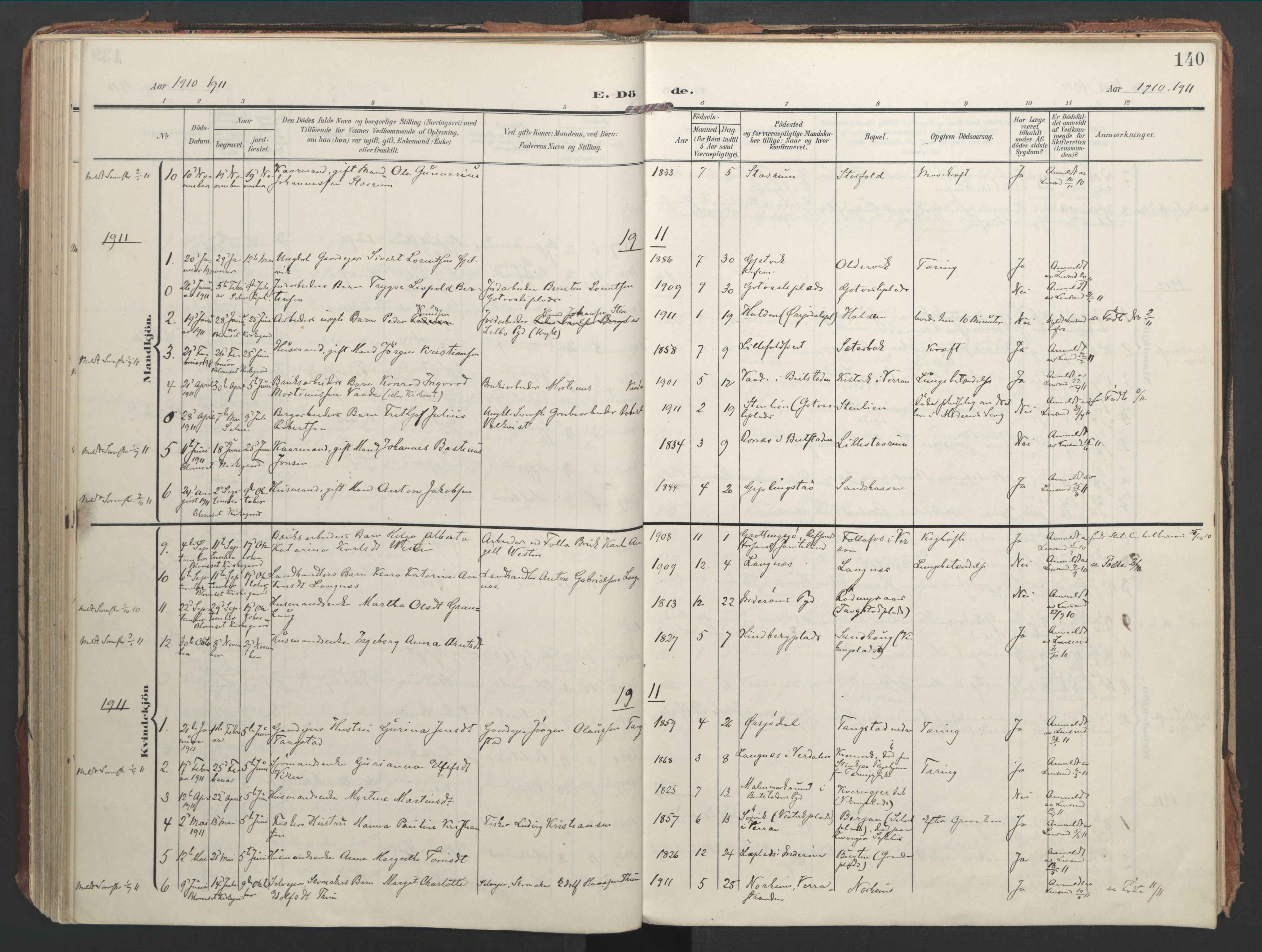 Ministerialprotokoller, klokkerbøker og fødselsregistre - Nord-Trøndelag, SAT/A-1458/744/L0421: Parish register (official) no. 744A05, 1905-1930, p. 140