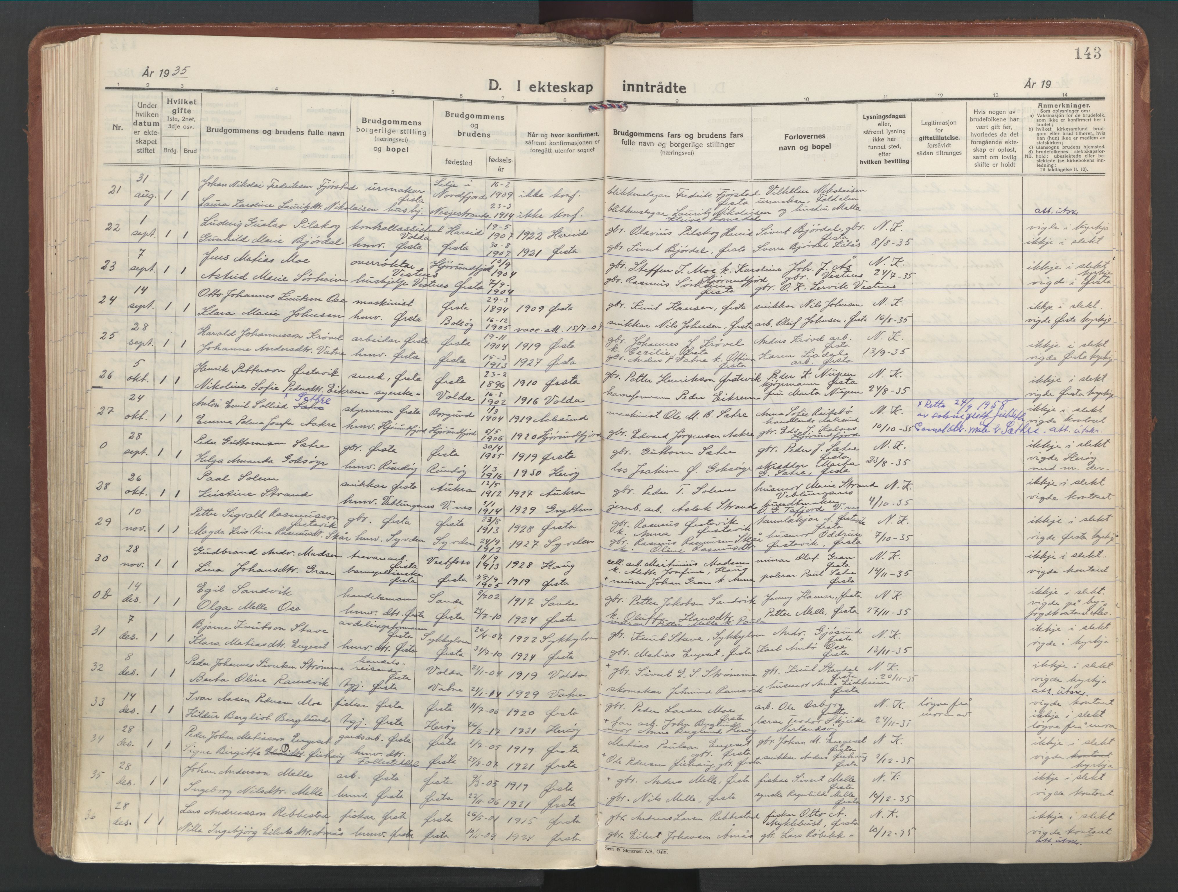 Ministerialprotokoller, klokkerbøker og fødselsregistre - Møre og Romsdal, AV/SAT-A-1454/513/L0181: Parish register (official) no. 513A08, 1930-1943, p. 143