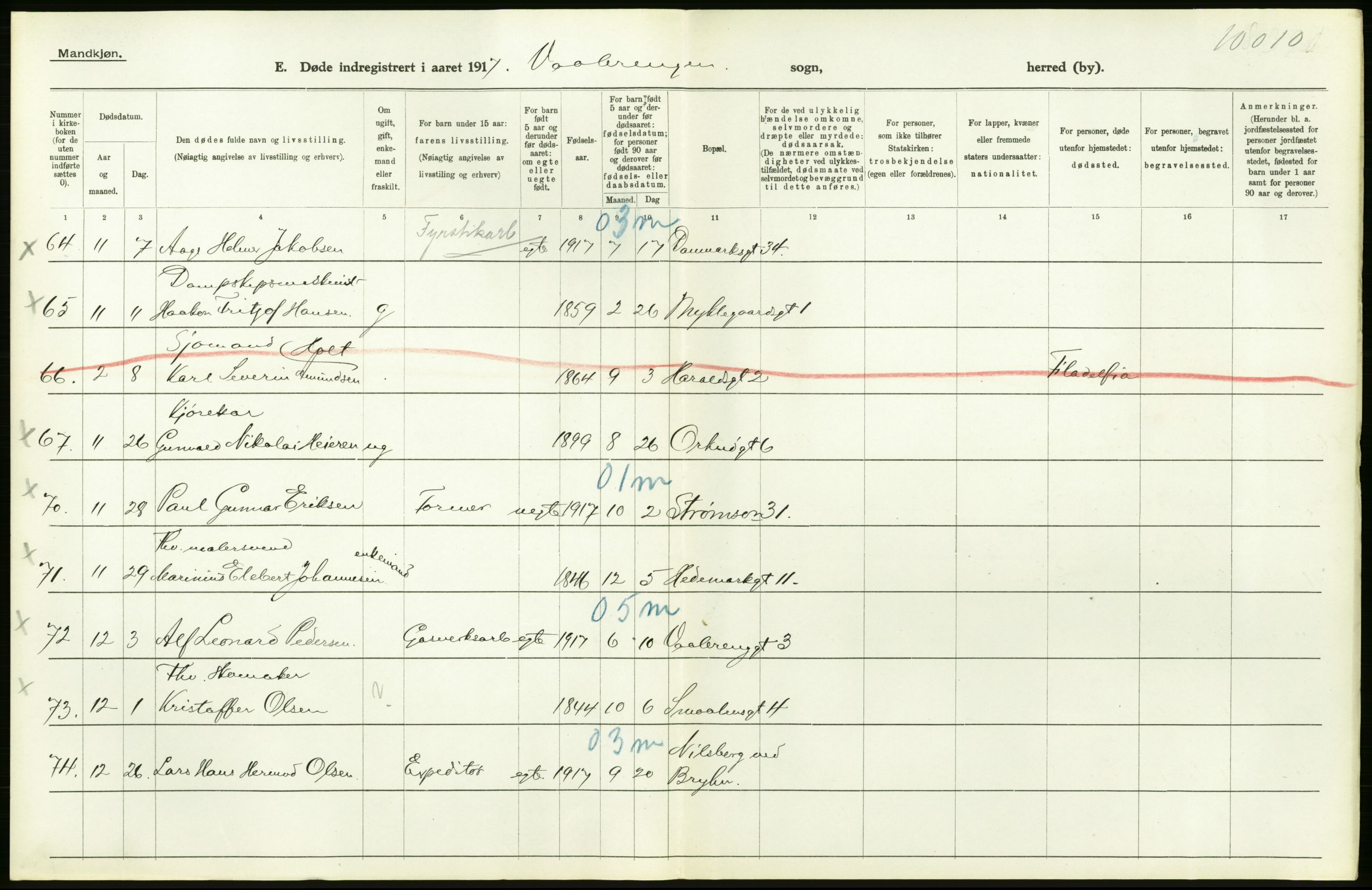 Statistisk sentralbyrå, Sosiodemografiske emner, Befolkning, RA/S-2228/D/Df/Dfb/Dfbg/L0011: Kristiania: Døde, dødfødte., 1917, p. 202