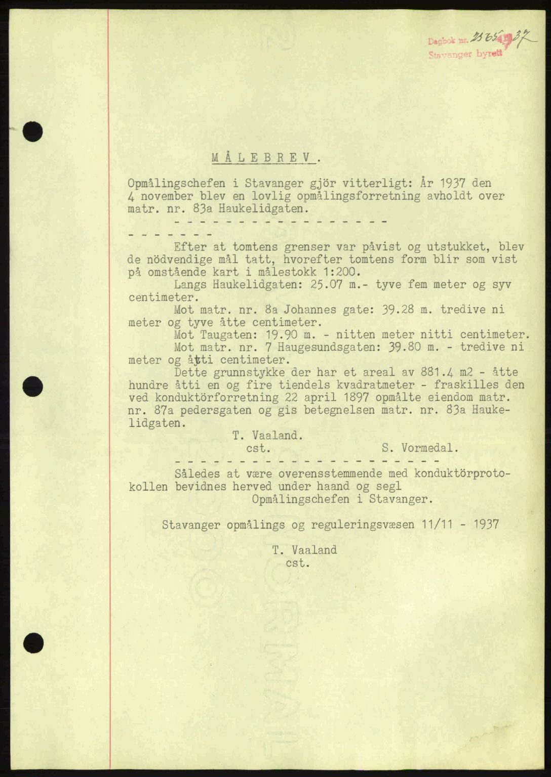 Stavanger byrett, SAST/A-100455/002/G/Gb/L0013: Mortgage book no. A3, 1937-1938, Diary no: : 2565/1937