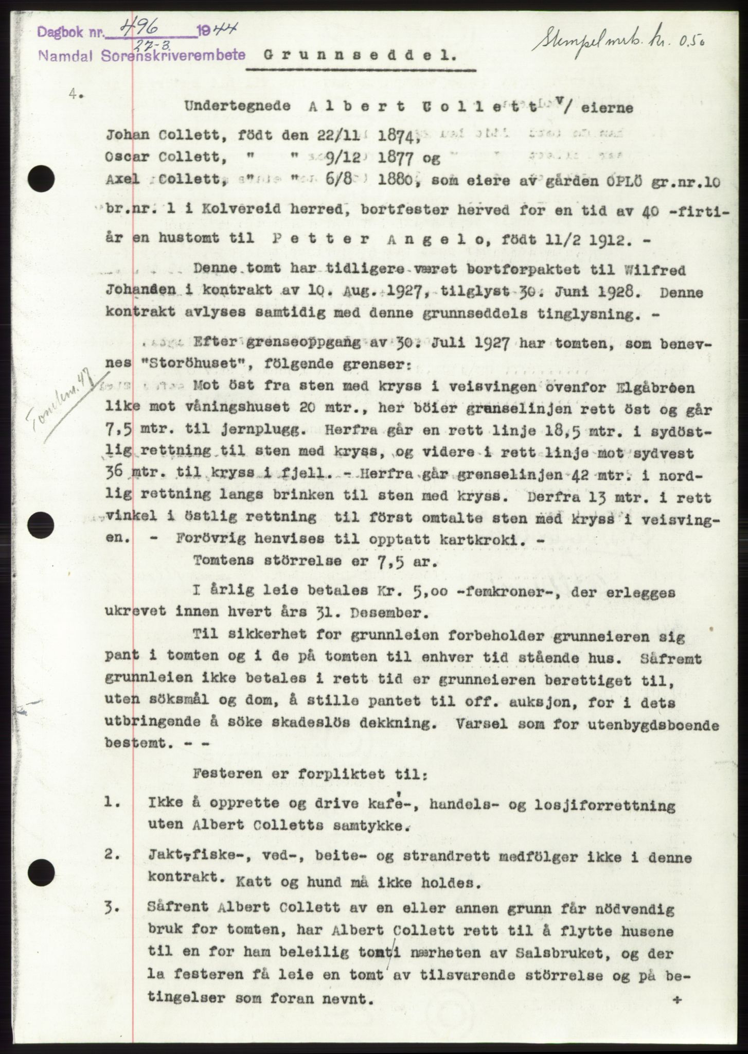 Namdal sorenskriveri, AV/SAT-A-4133/1/2/2C: Mortgage book no. -, 1943-1944, Diary no: : 496/1944