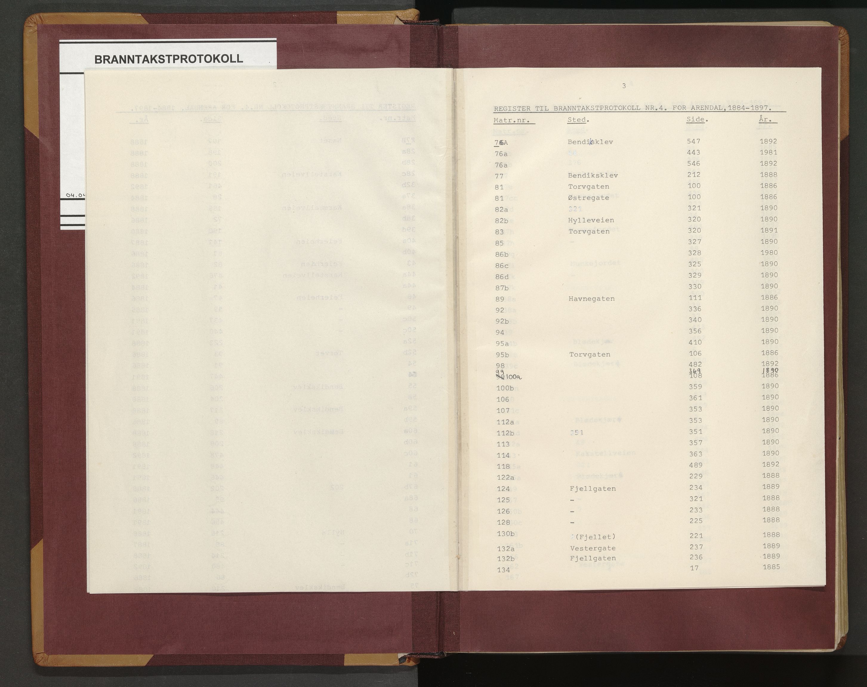 Norges Brannkasse Arendal, AV/SAK-2241-0002/F/Fa/L0021: Branntakstprotokoll nr. 19 med matrikkelnummerregister, 1884-1897