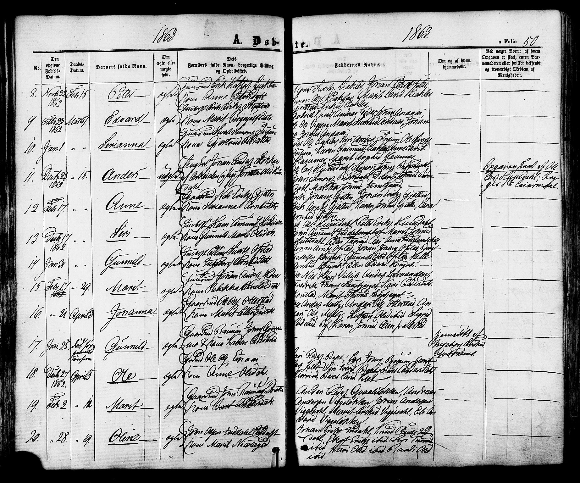 Ministerialprotokoller, klokkerbøker og fødselsregistre - Sør-Trøndelag, SAT/A-1456/665/L0772: Parish register (official) no. 665A07, 1856-1878, p. 50