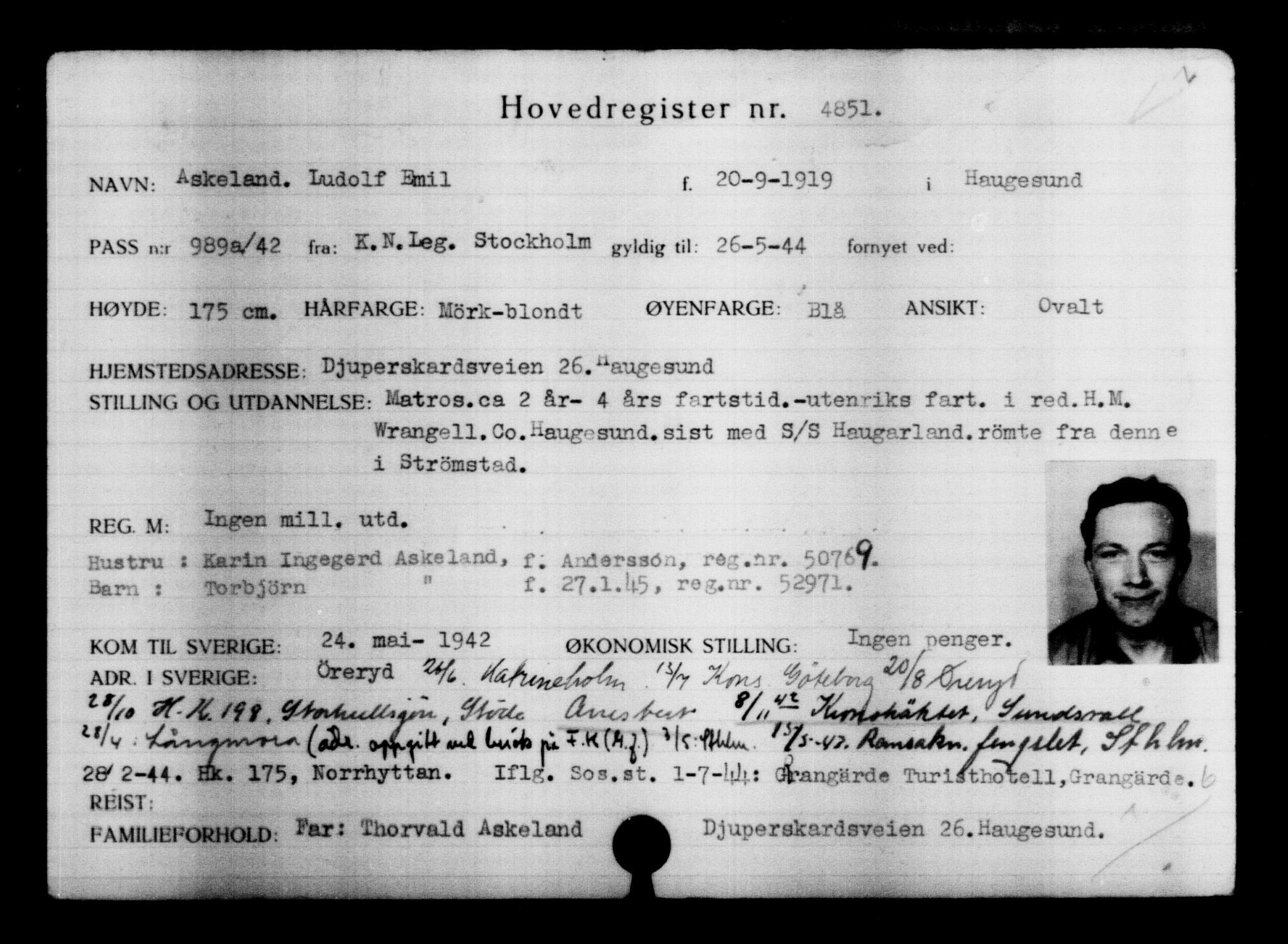 Utenriksstasjonene, Legasjonen i Stockholm, Flyktningkontoret, AV/RA-S-6753/V/Va/L0004: Kjesäterkartoteket, flyktninger med registreringsnr. 3496-6610, 1940-1945, p. 1609