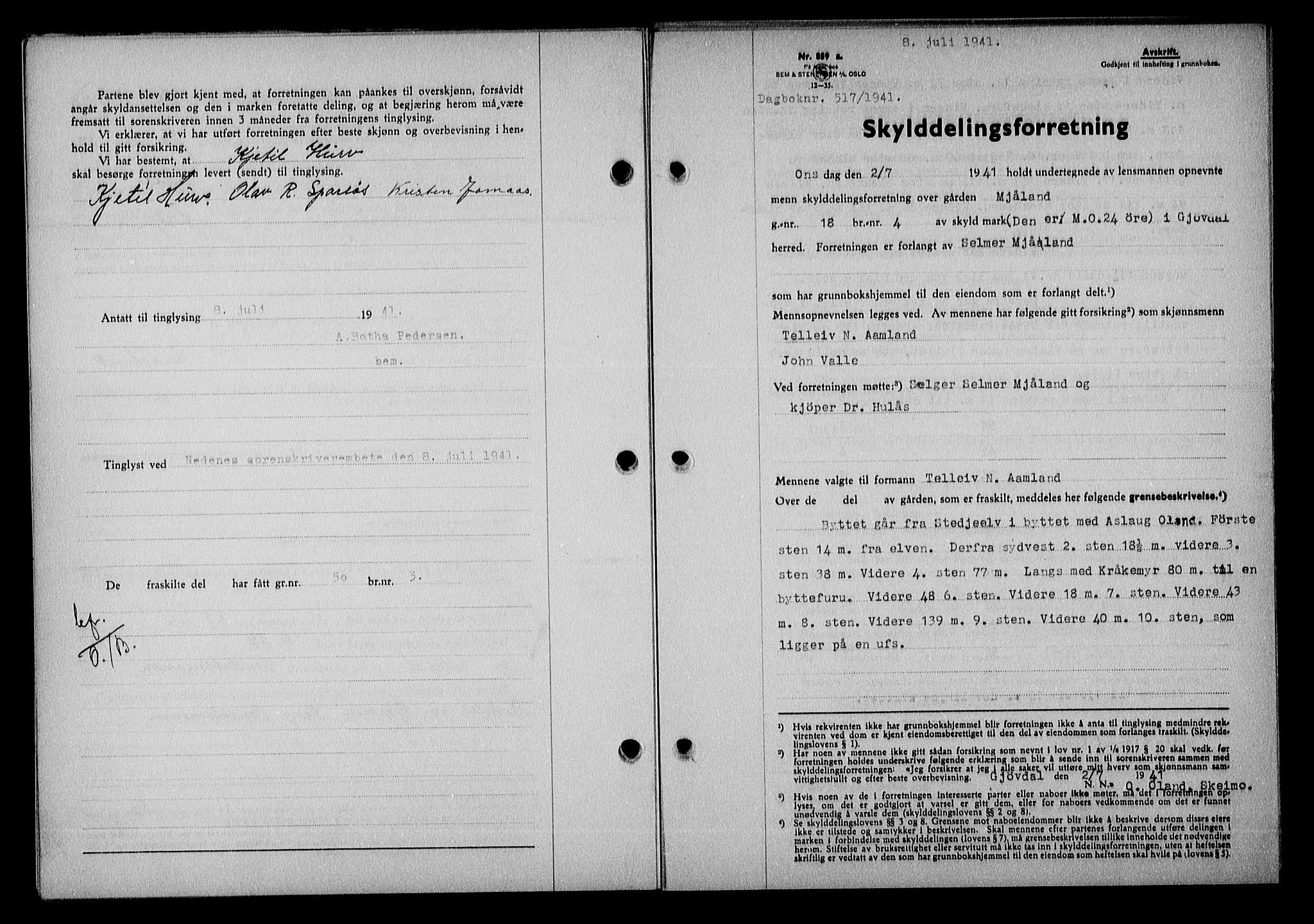 Nedenes sorenskriveri, AV/SAK-1221-0006/G/Gb/Gba/L0048: Mortgage book no. A-II, 1940-1941, Diary no: : 517/1941